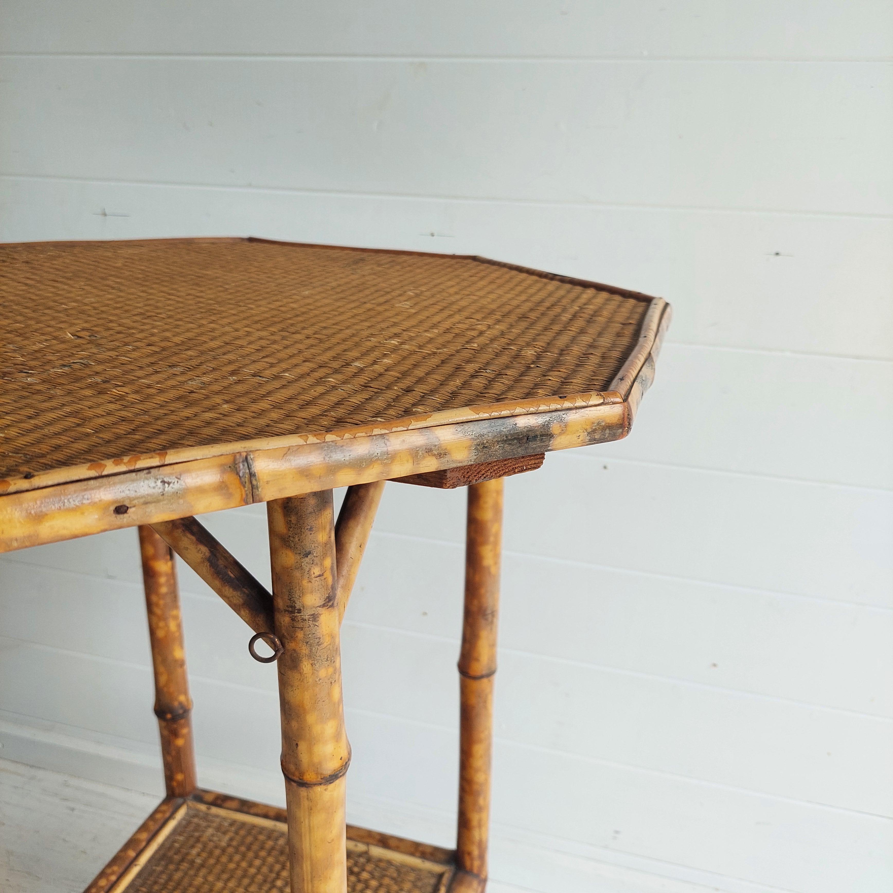 Antique Victorian Tiger Octagonal Bamboo Grass cloth  Side End Lamp table, 1900s 3
