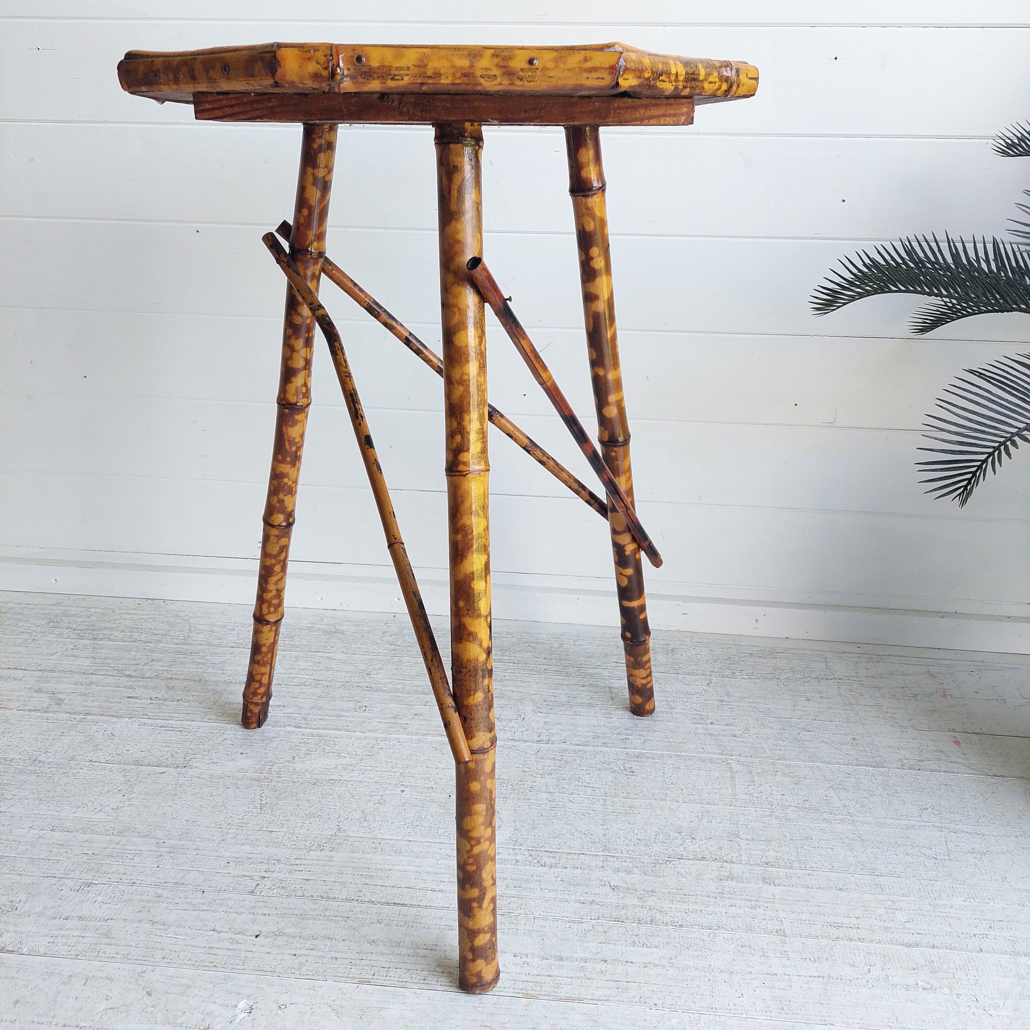 Antique Victorian Tiger Octagonal  Bamboo Tripod Side End  Table lacquered top 6