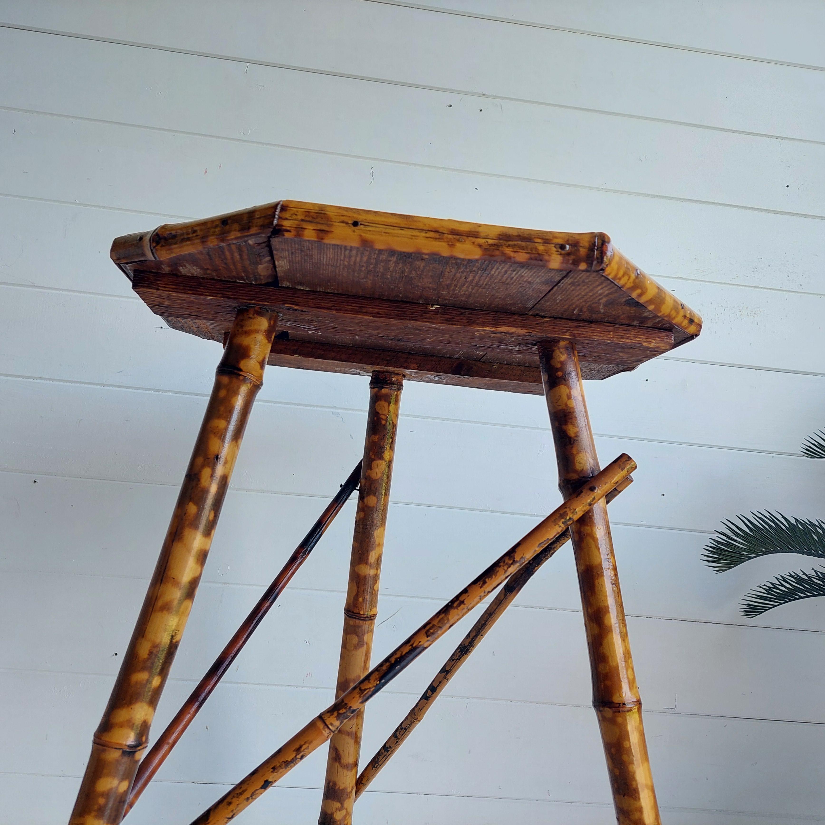 Antique Victorian Tiger Octagonal  Bamboo Tripod Side End  Table lacquered top 7