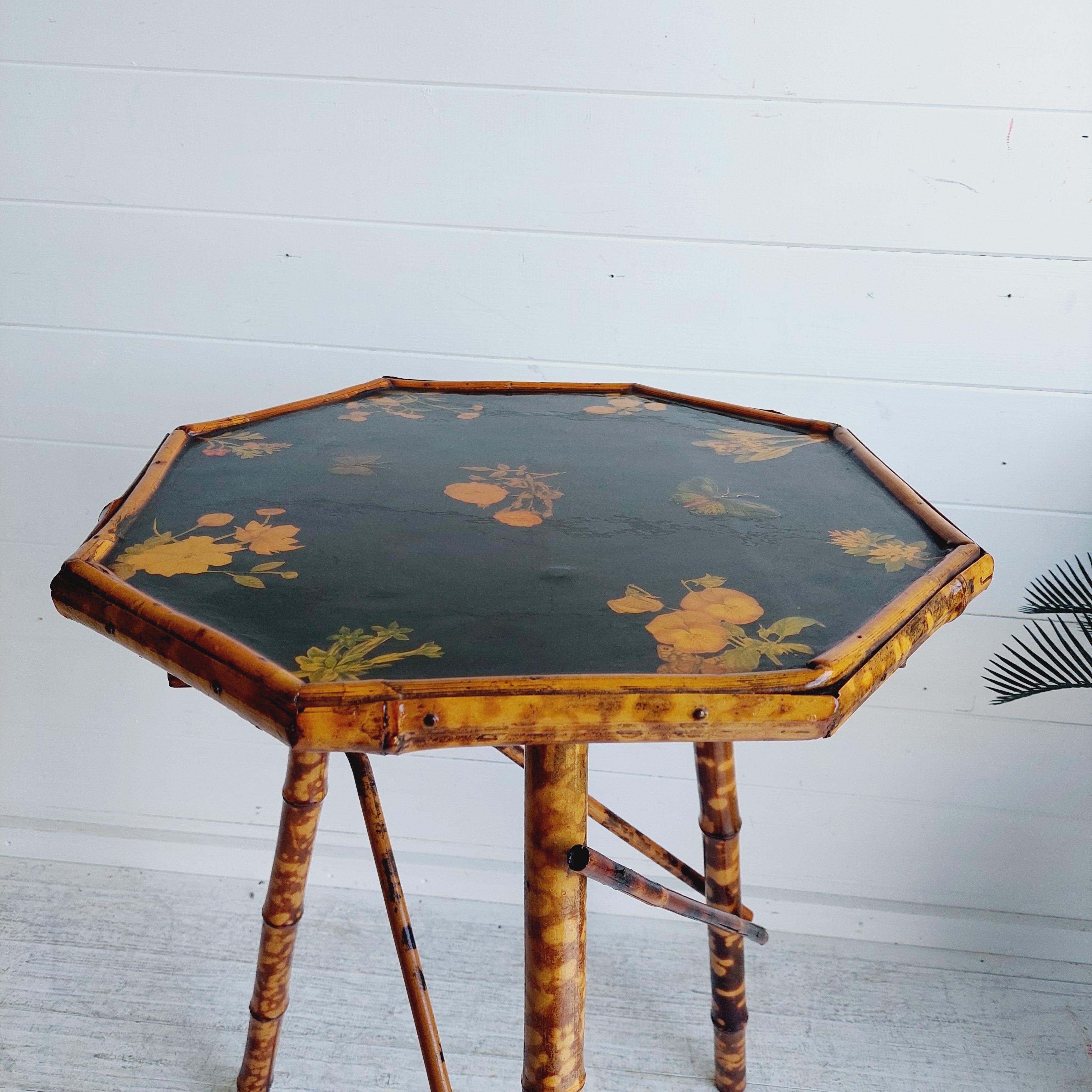 Early Victorian Antique Victorian Tiger Octagonal  Bamboo Tripod Side End  Table lacquered top