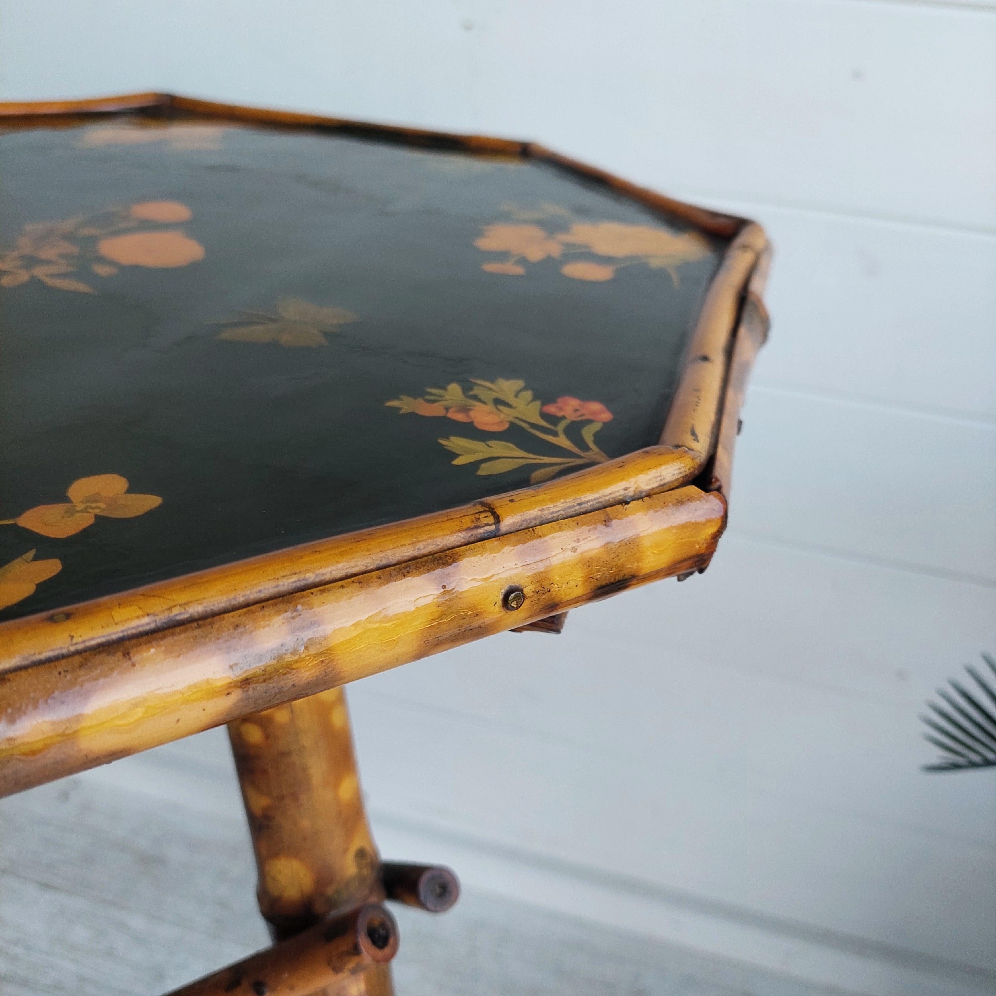 Antique Victorian Tiger Octagonal  Bamboo Tripod Side End  Table lacquered top In Good Condition In Leamington Spa, GB