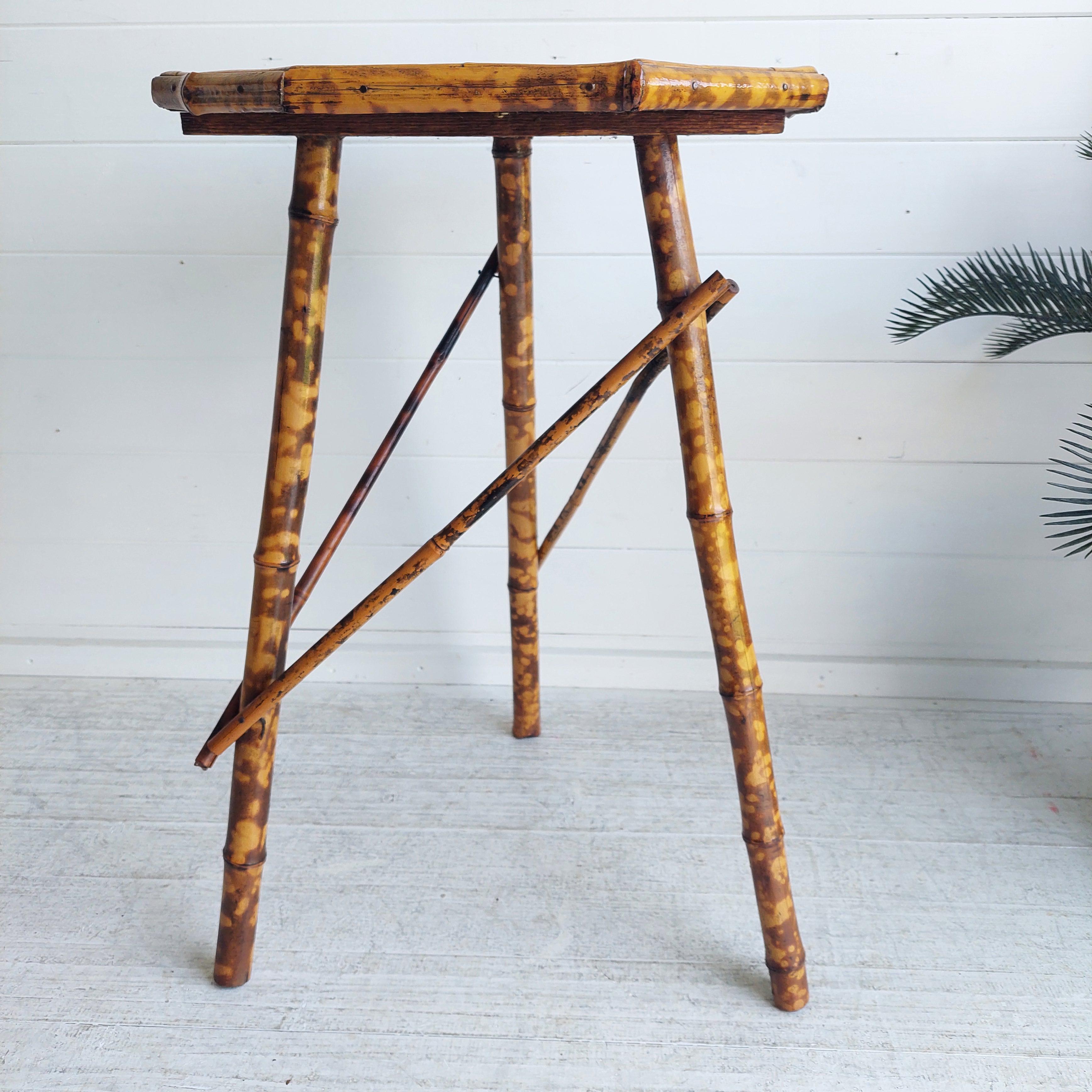 Antique Victorian Tiger Octagonal  Bamboo Tripod Side End  Table lacquered top 1