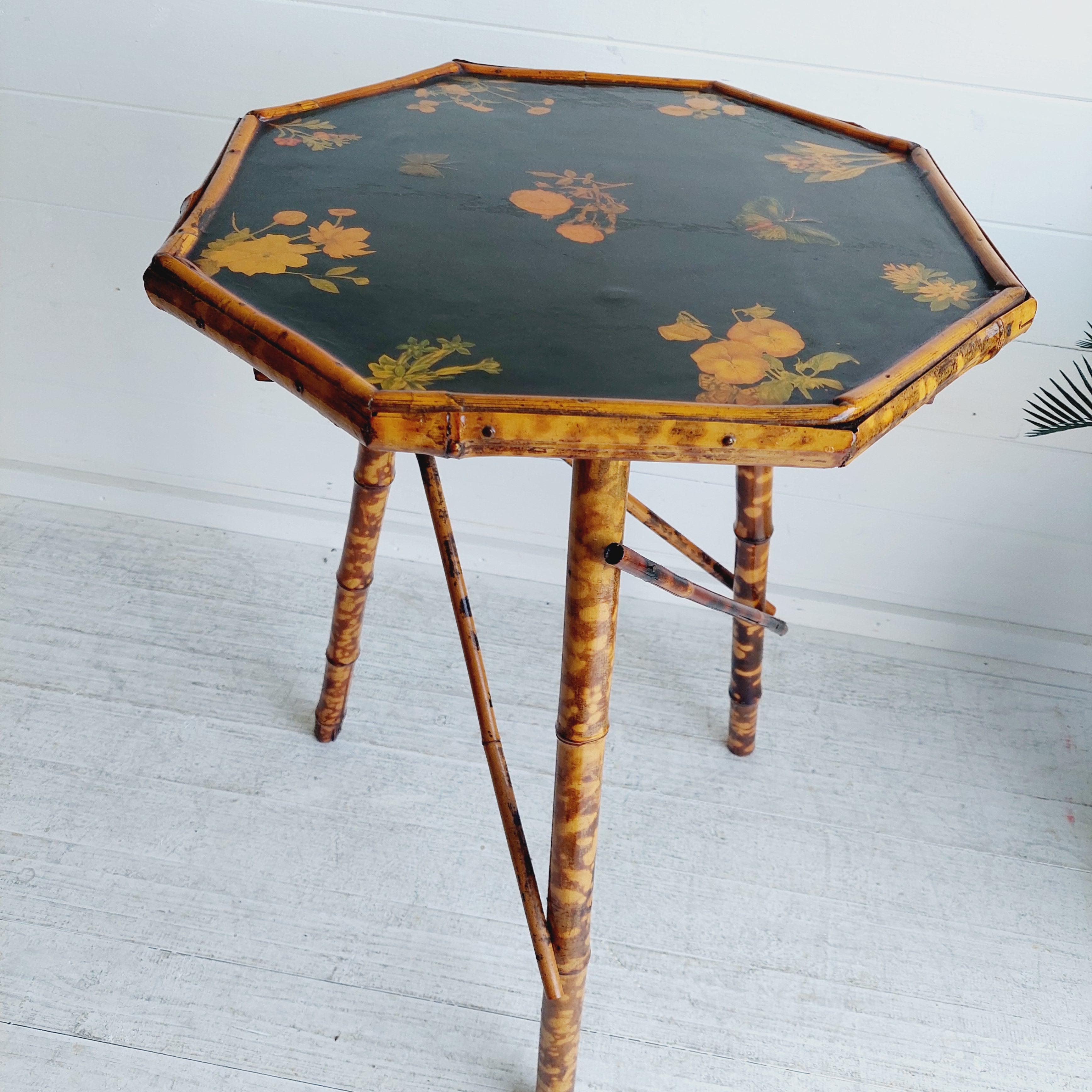 Antique Victorian Tiger Octagonal  Bamboo Tripod Side End  Table lacquered top 2