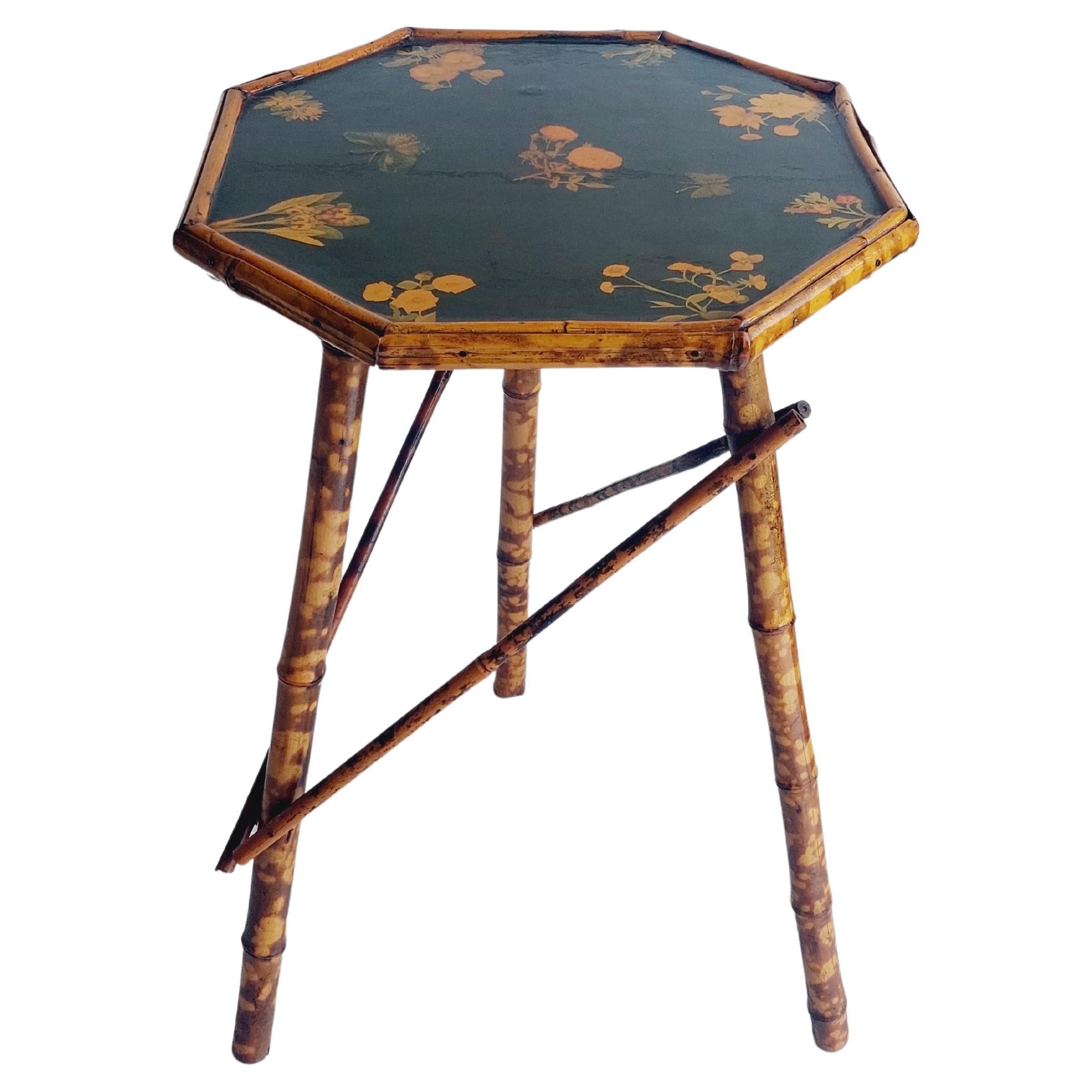 Antique Victorian Tiger Octagonal  Bamboo Tripod Side End  Table lacquered top