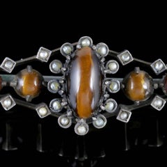 Antique Victorian Tigers Eye Brooch Silver Pearl, circa 1900