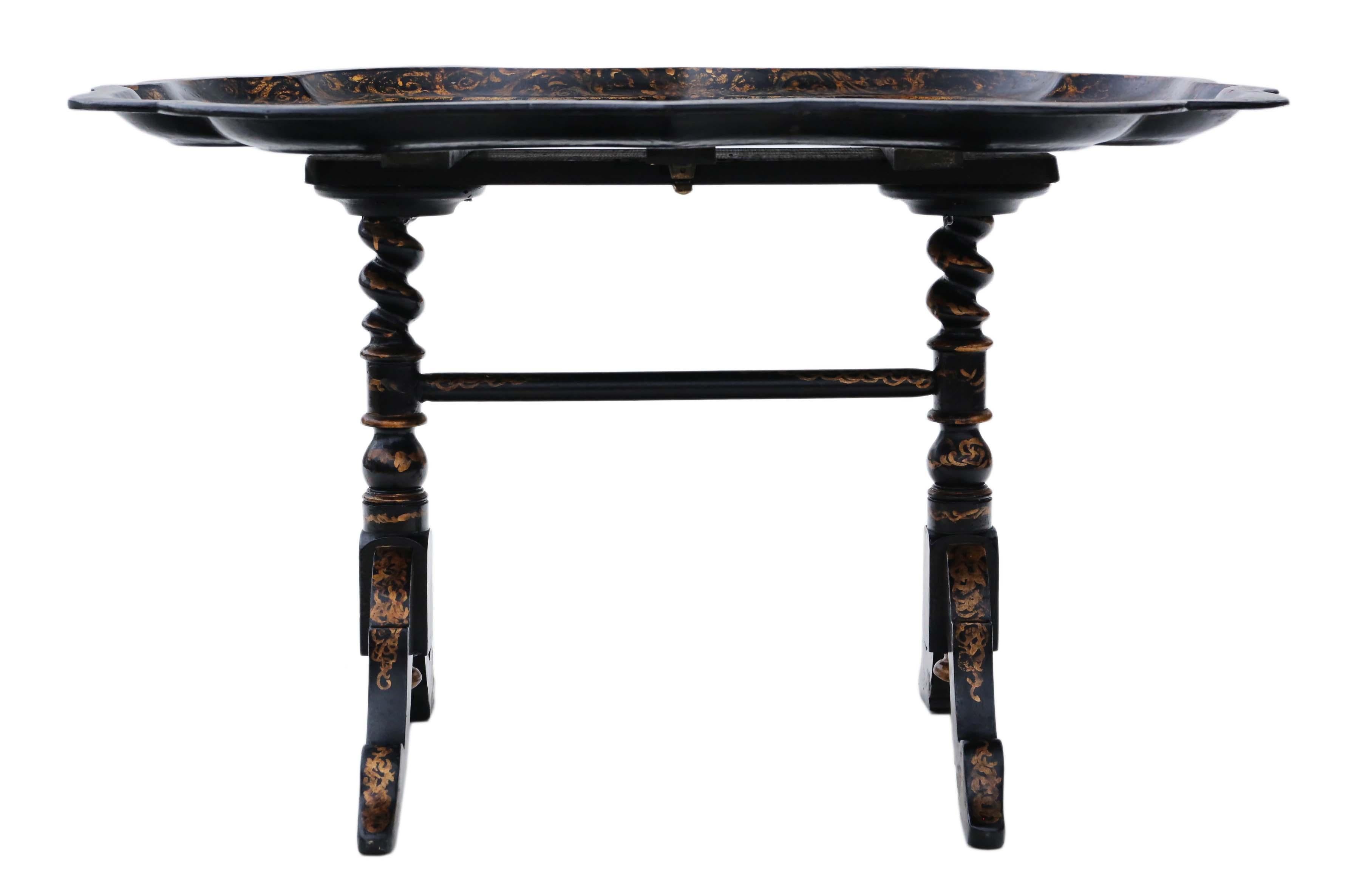 Antique Victorian Tilt-Top Decorated Black Lacquer Tray Top Table Coffee 7