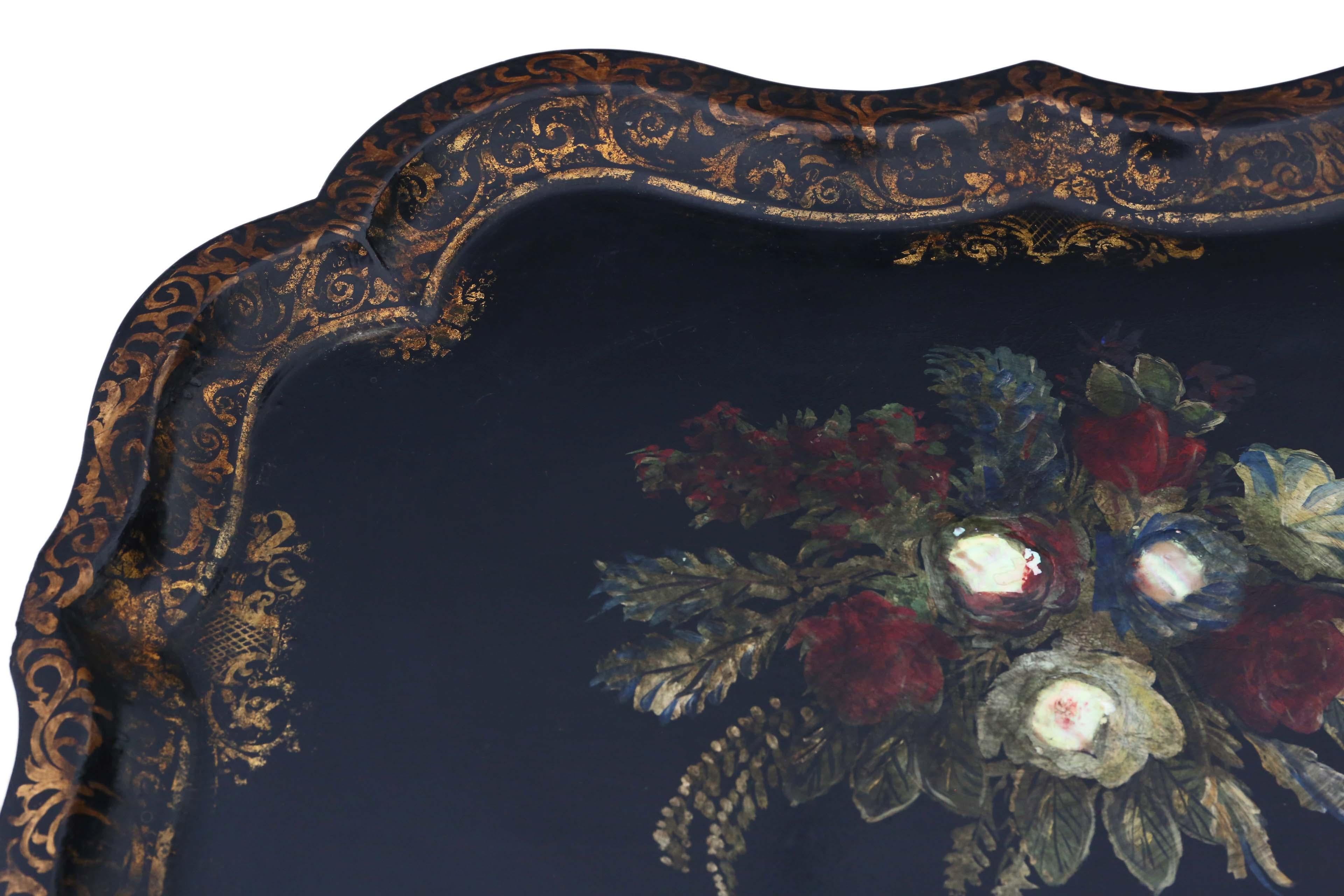 Antique Victorian Tilt-Top Decorated Black Lacquer Tray Top Table Coffee In Good Condition In Wisbech, Cambridgeshire