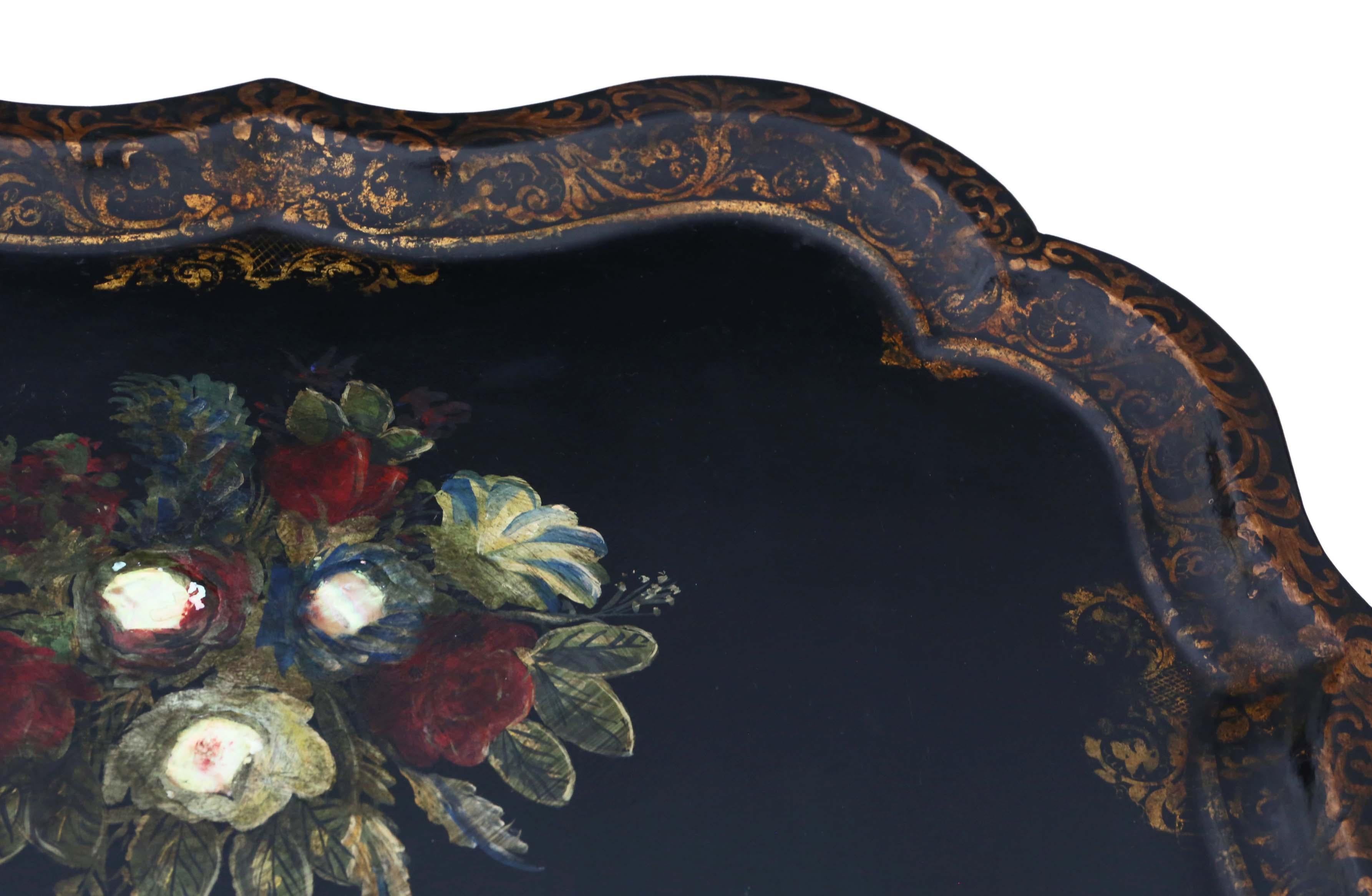 Late 19th Century Antique Victorian Tilt-Top Decorated Black Lacquer Tray Top Table Coffee