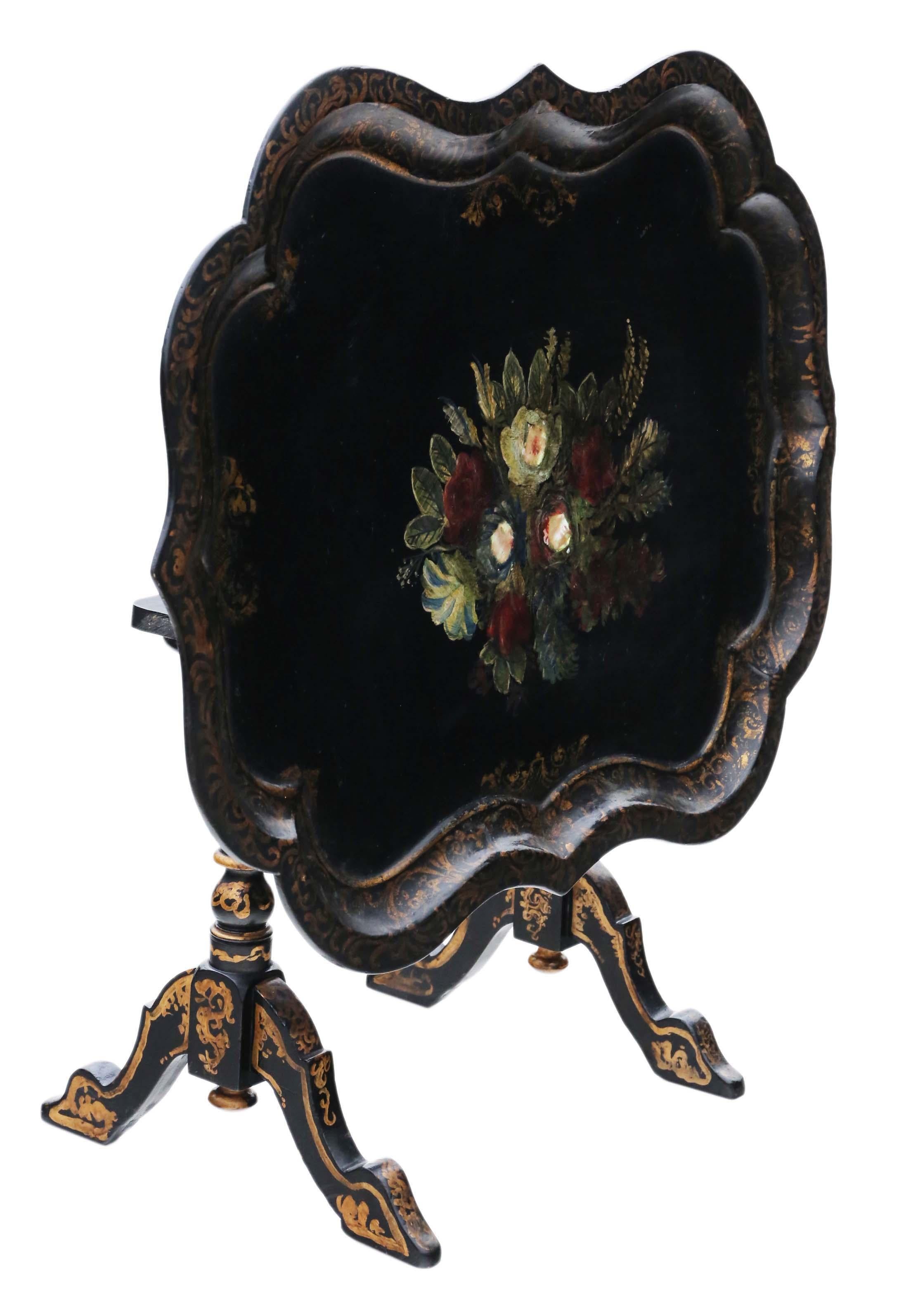 Antique Victorian Tilt-Top Decorated Black Lacquer Tray Top Table Coffee 4