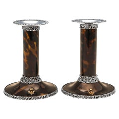 Antique Victorian Tortoiseshell Gold and Sterling Silver Candlesticks from 1898