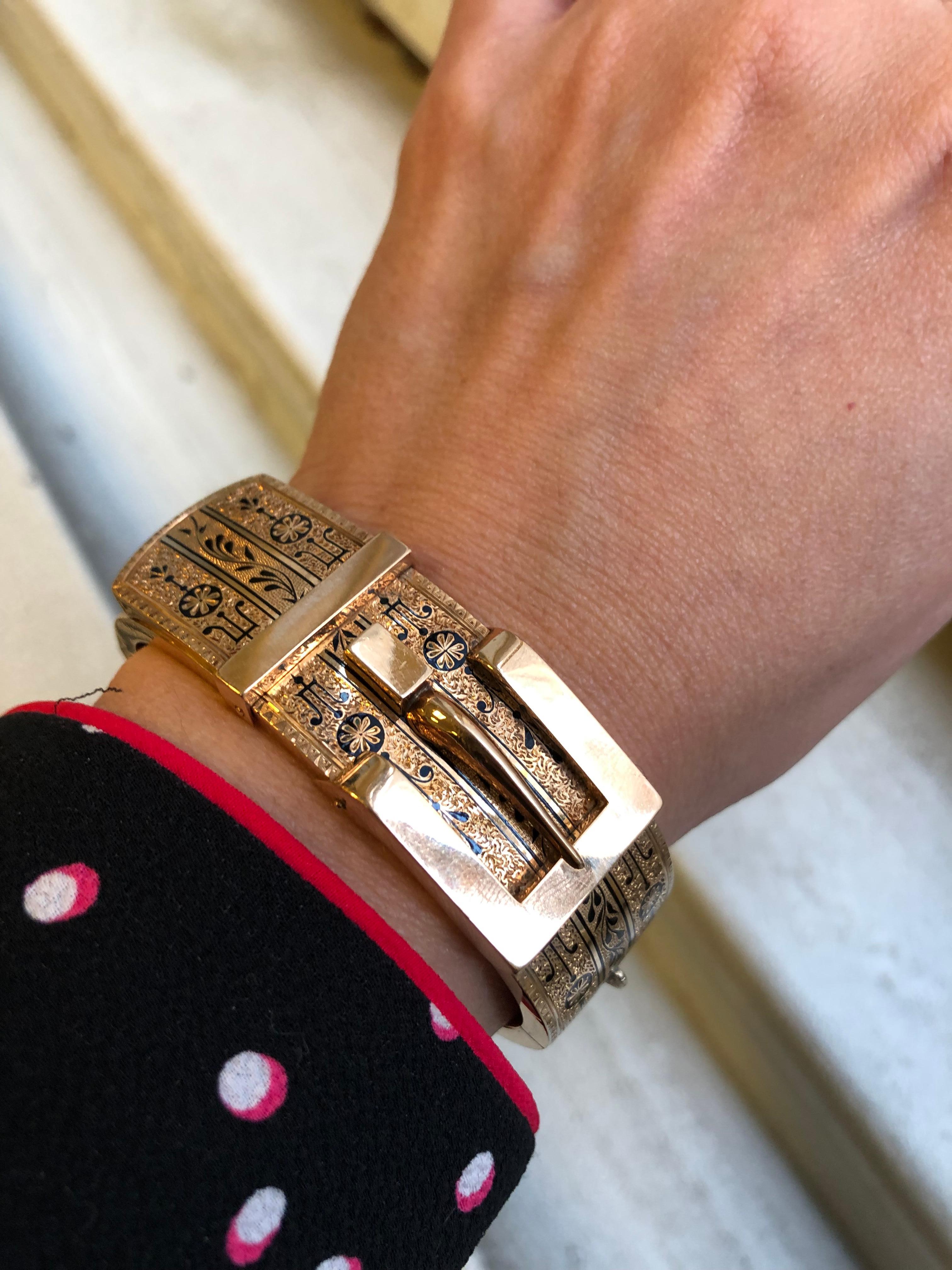 Antikes viktorianisches Tablett-Emaille-Armband mit 14 Karat Goldschnalle 2