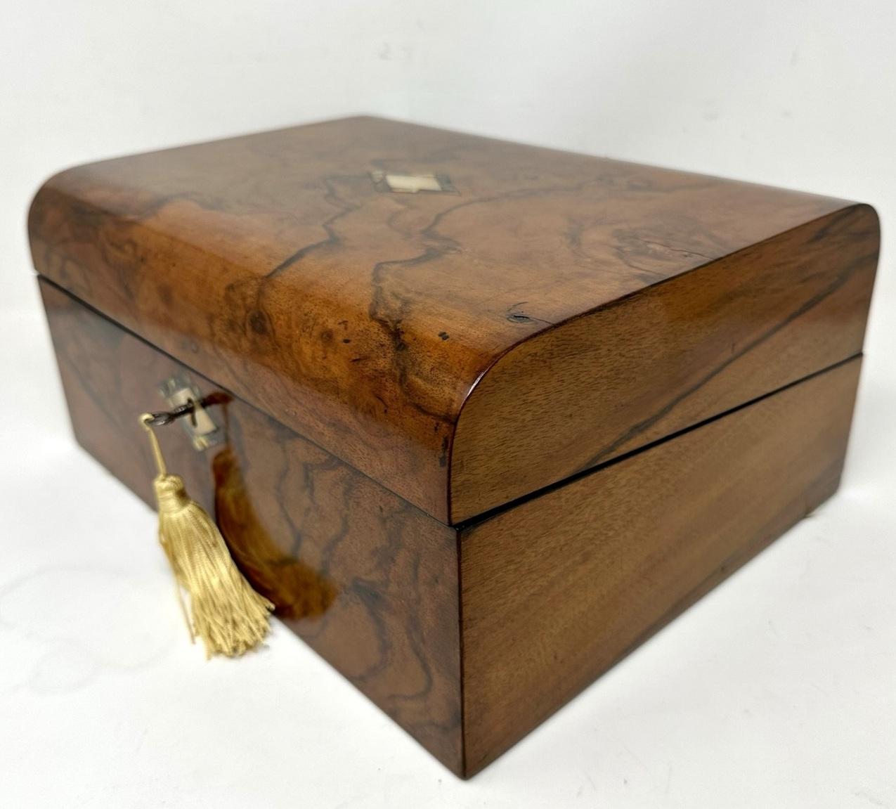 English Antique Victorian Traveling Desk Mahogany Wooden Burl Walnut Writing Slope Box