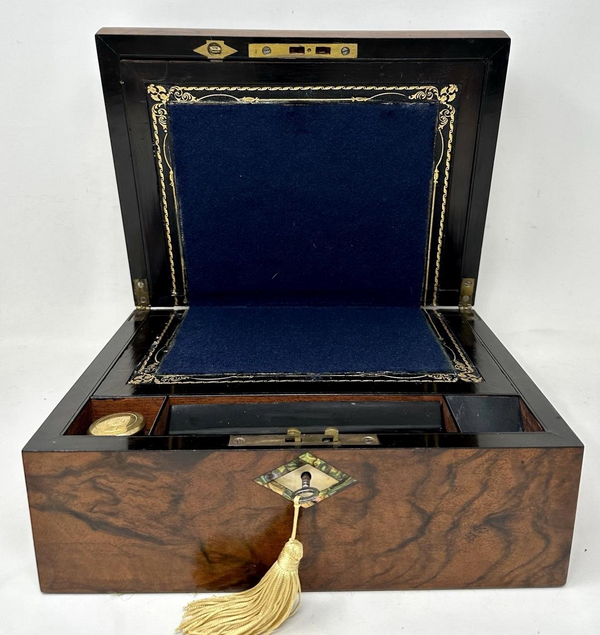 19th Century Antique Victorian Traveling Desk Mahogany Wooden Burl Walnut Writing Slope Box