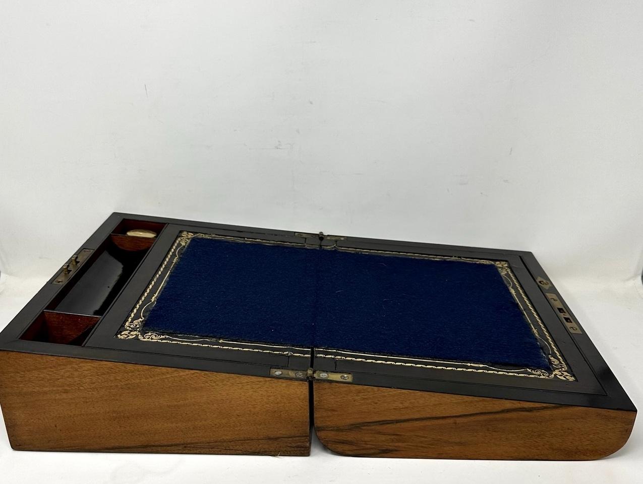 Brass Antique Victorian Traveling Desk Mahogany Wooden Burl Walnut Writing Slope Box