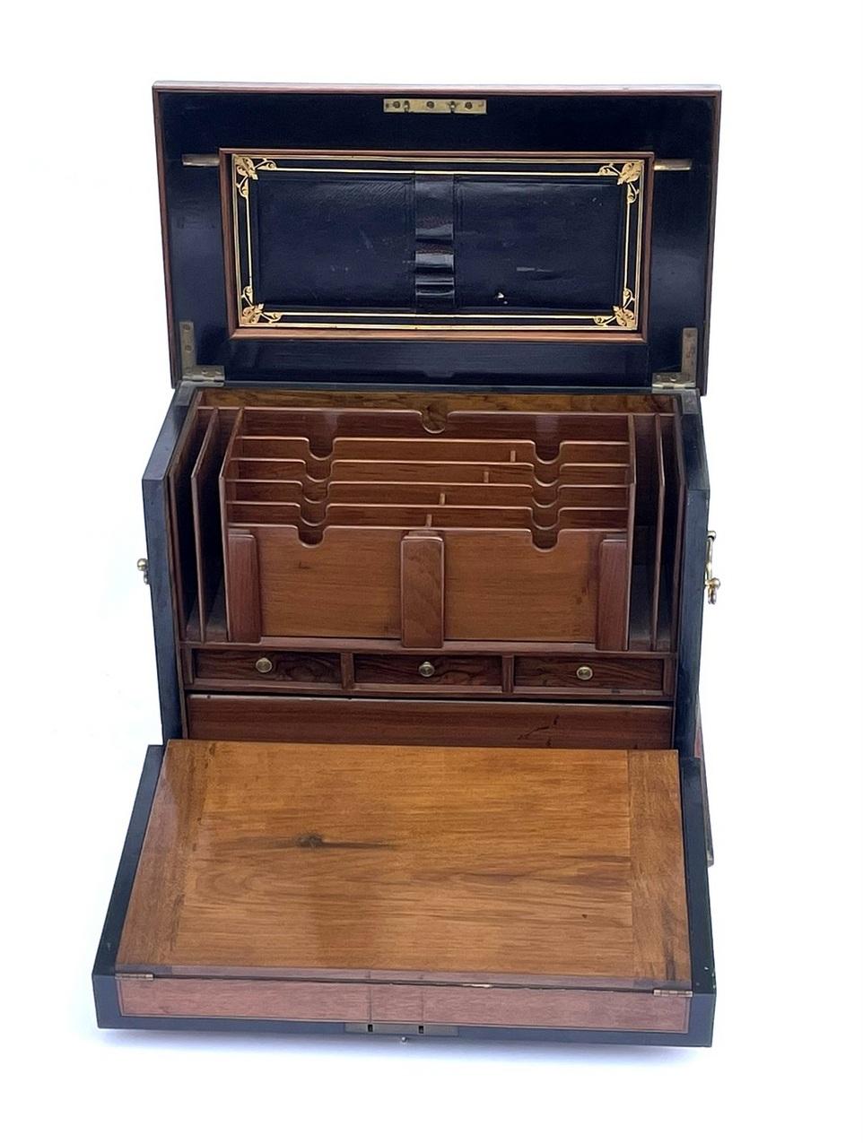 Antique Victorian Traveling Wooden Burl Walnut Writing Slope Stationary Box 19c  5