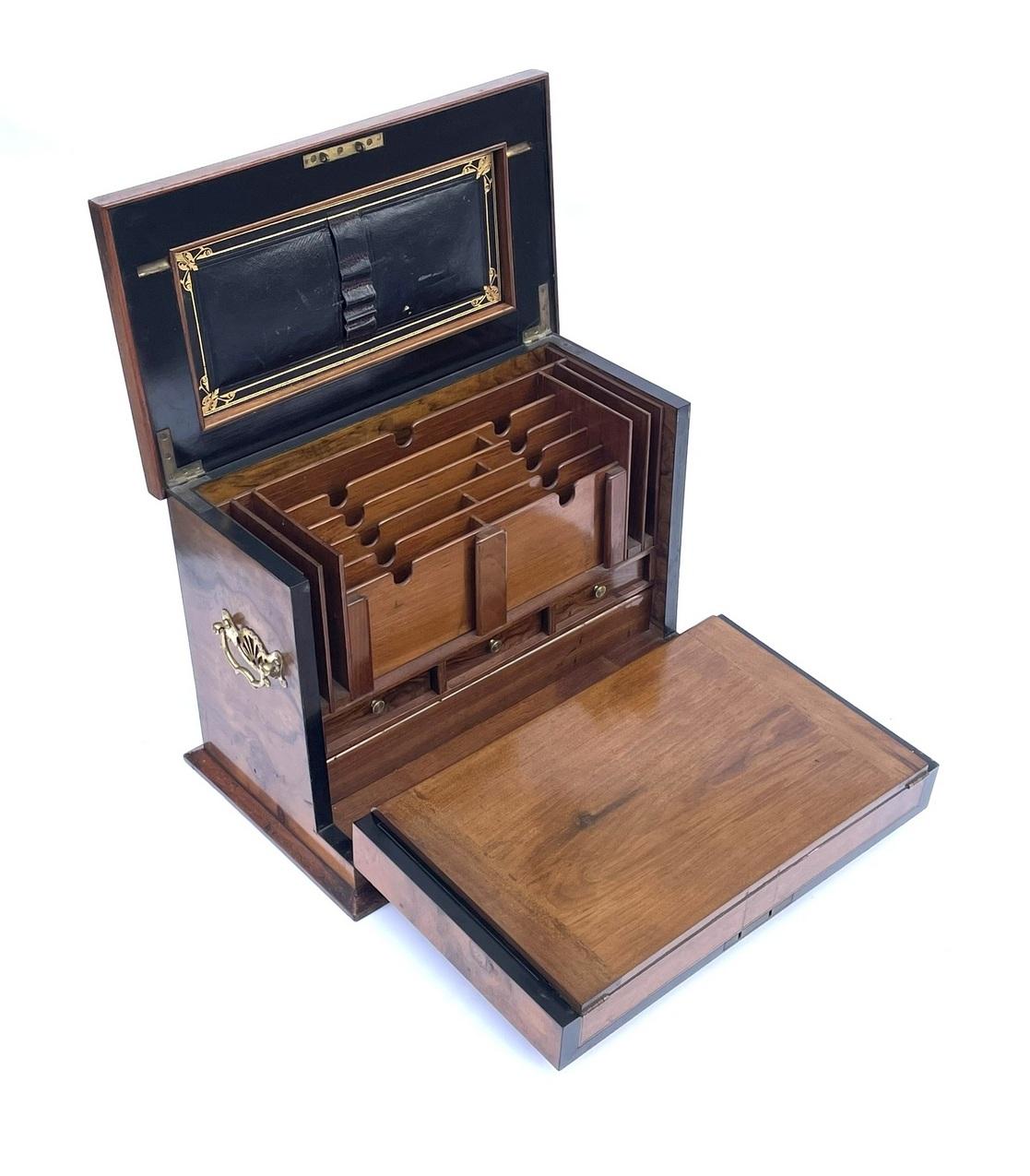 Antique Victorian Traveling Wooden Burl Walnut Writing Slope Stationary Box 19c  8