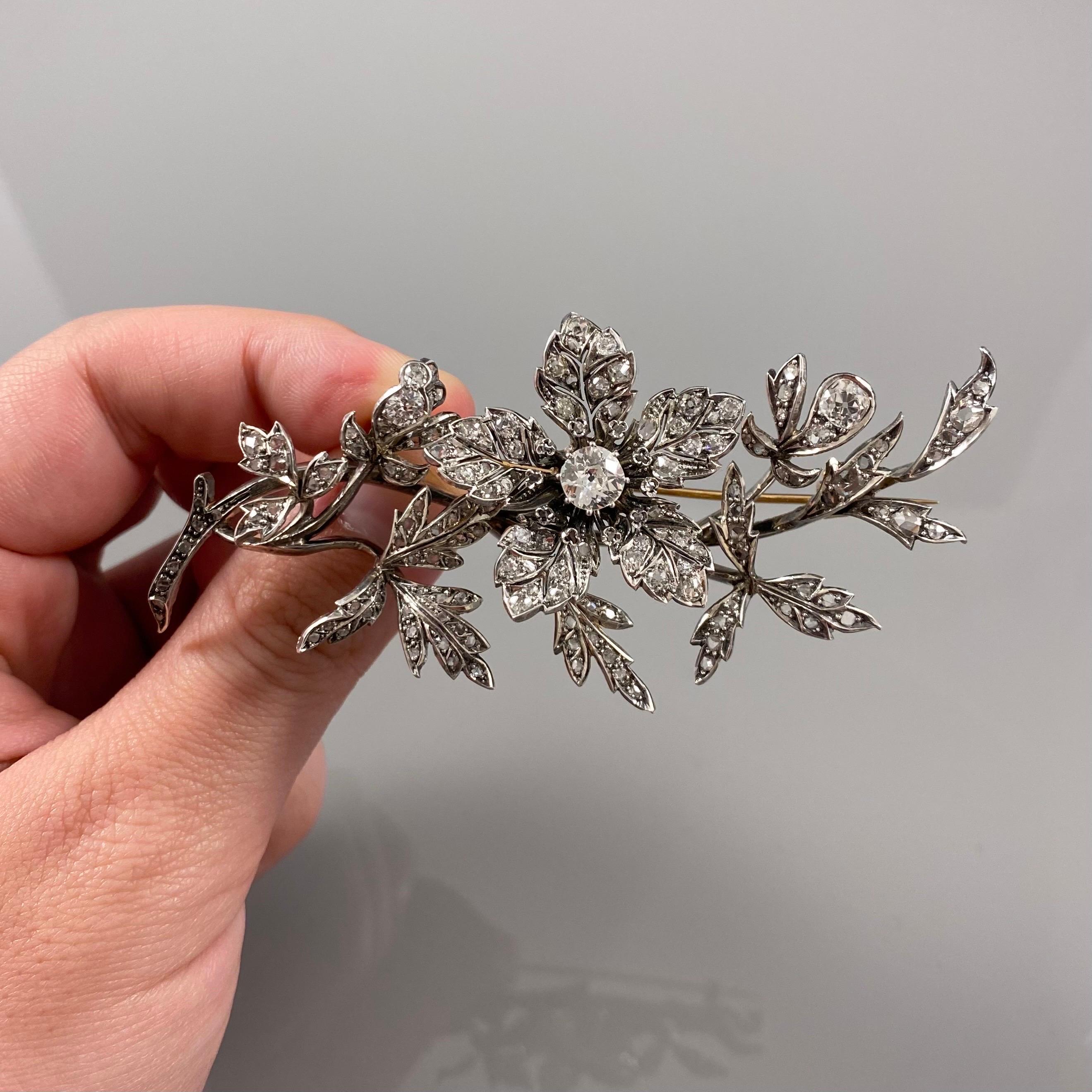 Antique Victorian Tremblant Diamond Floral Spray Brooch Silver Gold Portuguese 5