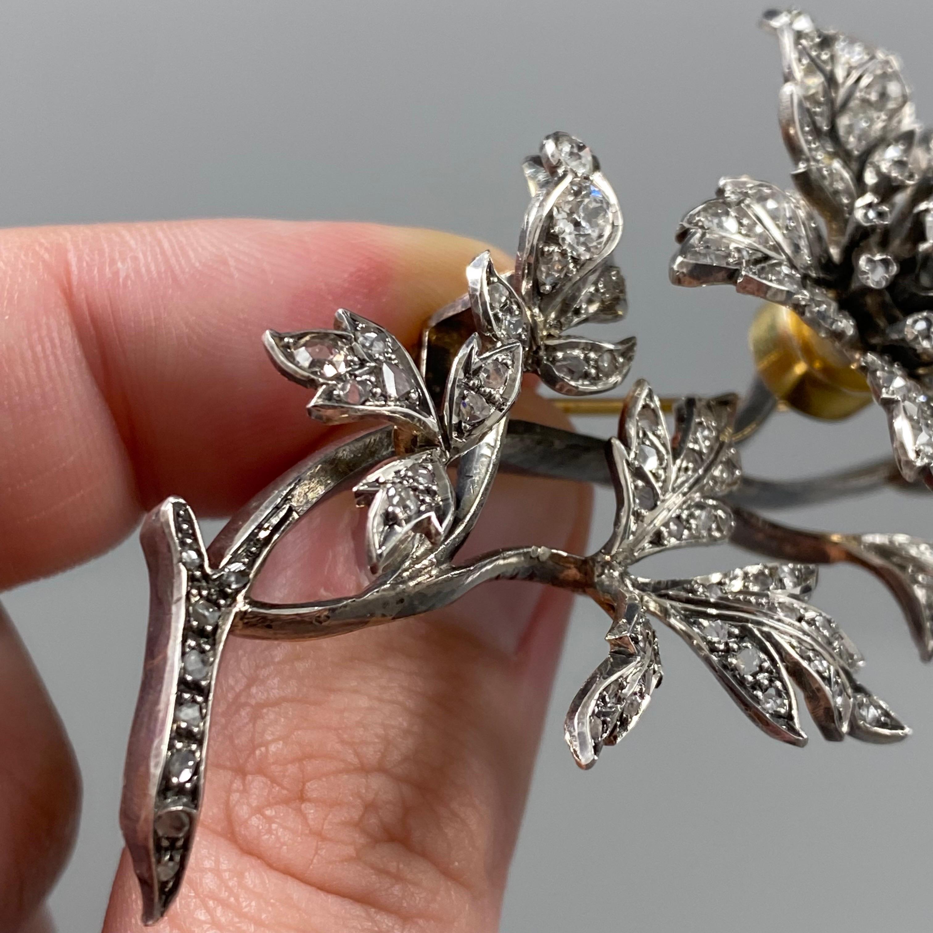 Antique Victorian Tremblant Diamond Floral Spray Brooch Silver Gold Portuguese 7