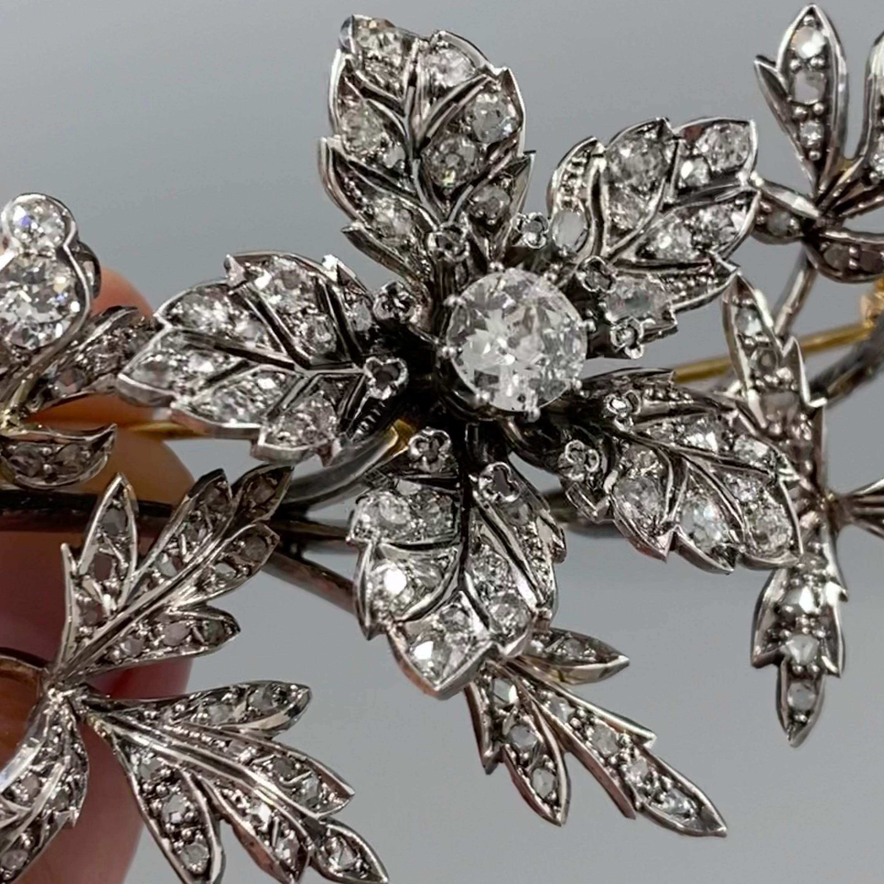 Antique Victorian Tremblant Diamond Floral Spray Brooch Silver Gold Portuguese 8
