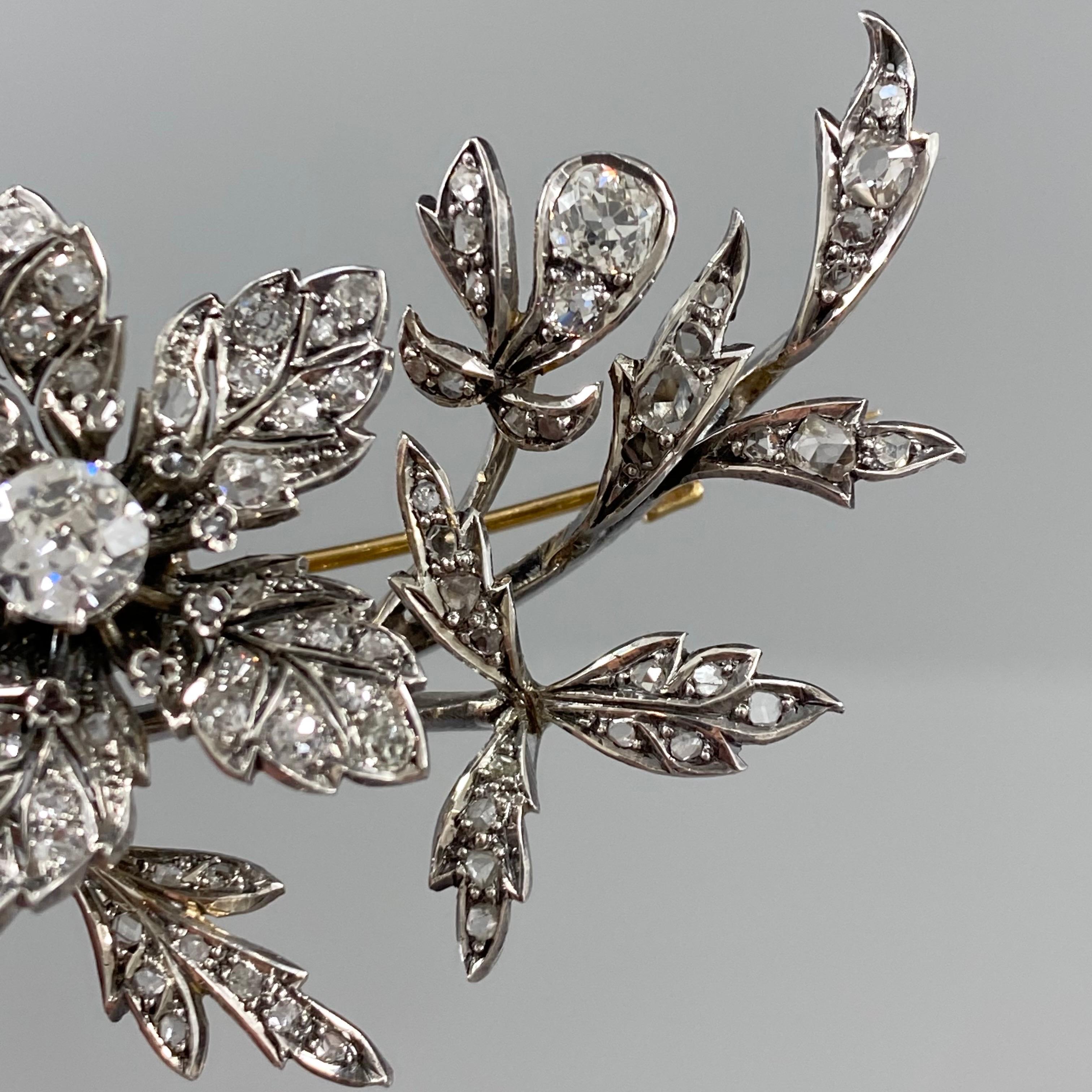 Antique Victorian Tremblant Diamond Floral Spray Brooch Silver Gold Portuguese 9