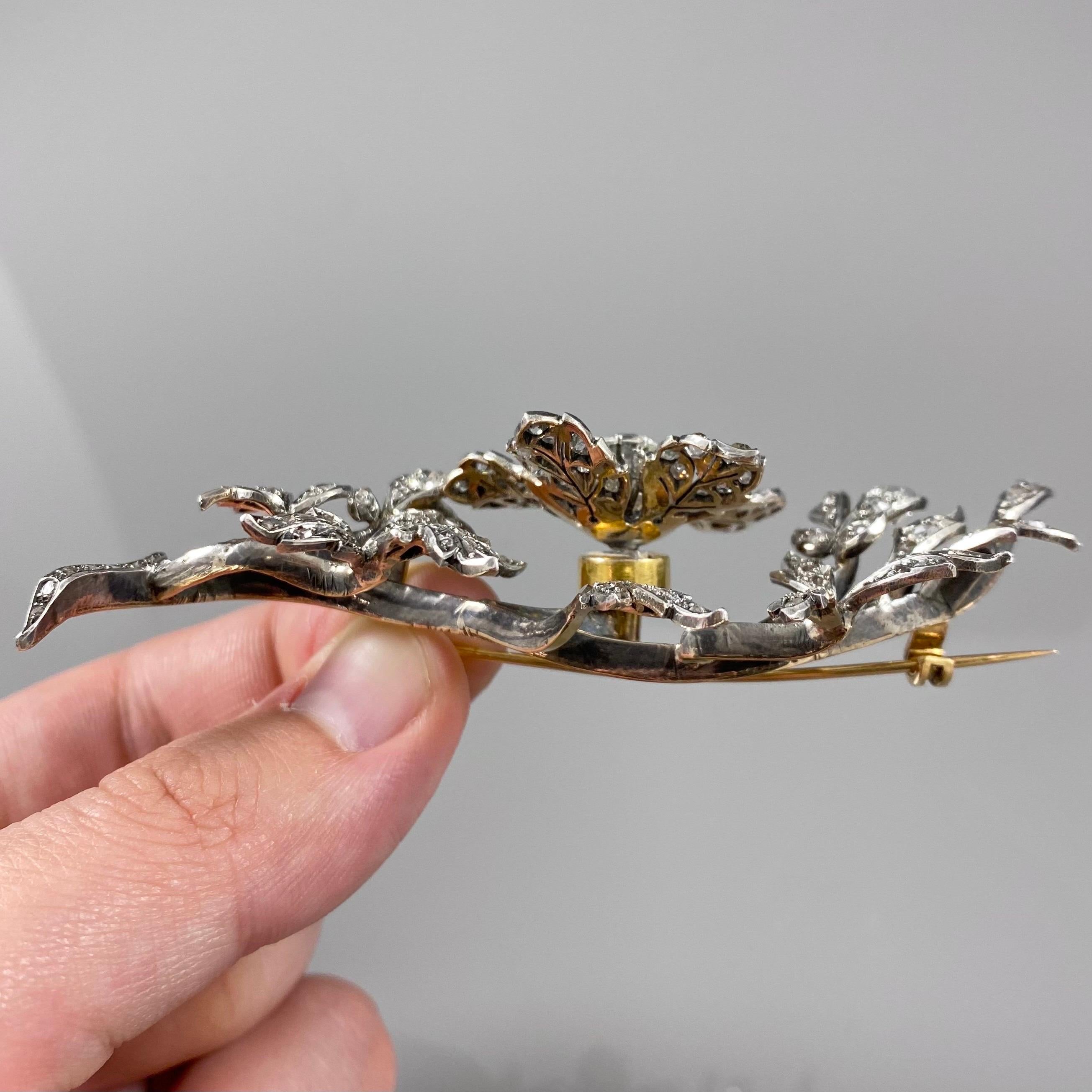 Antique Victorian Tremblant Diamond Floral Spray Brooch Silver Gold Portuguese 10
