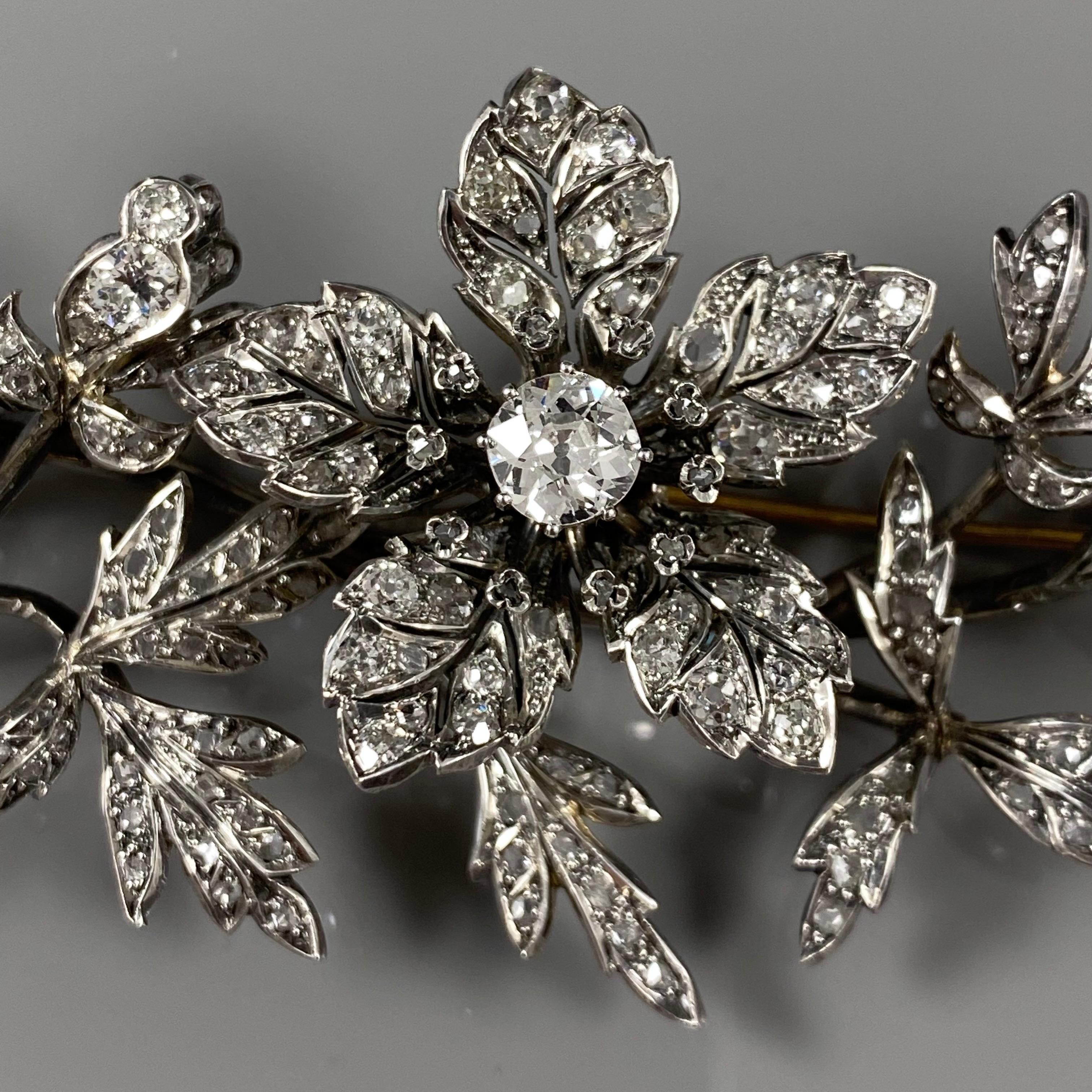 Antique Victorian Tremblant Diamond Floral Spray Brooch Silver Gold Portuguese 11