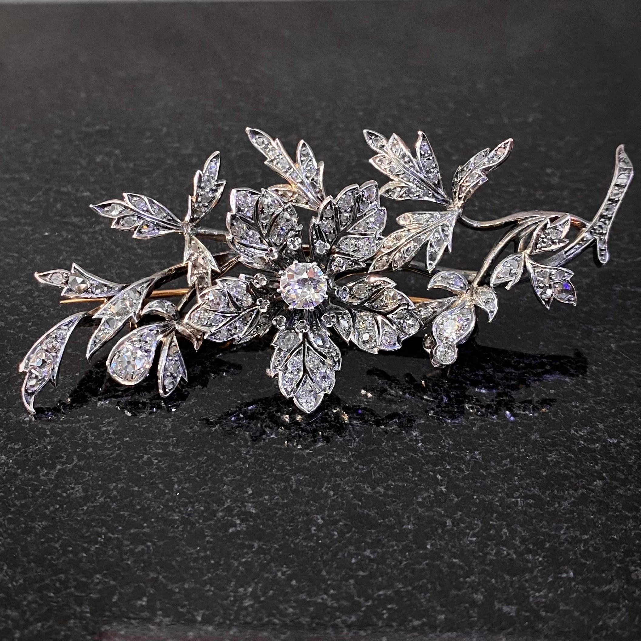 Antique Victorian Tremblant Diamond Floral Spray Brooch Silver Gold Portuguese 12