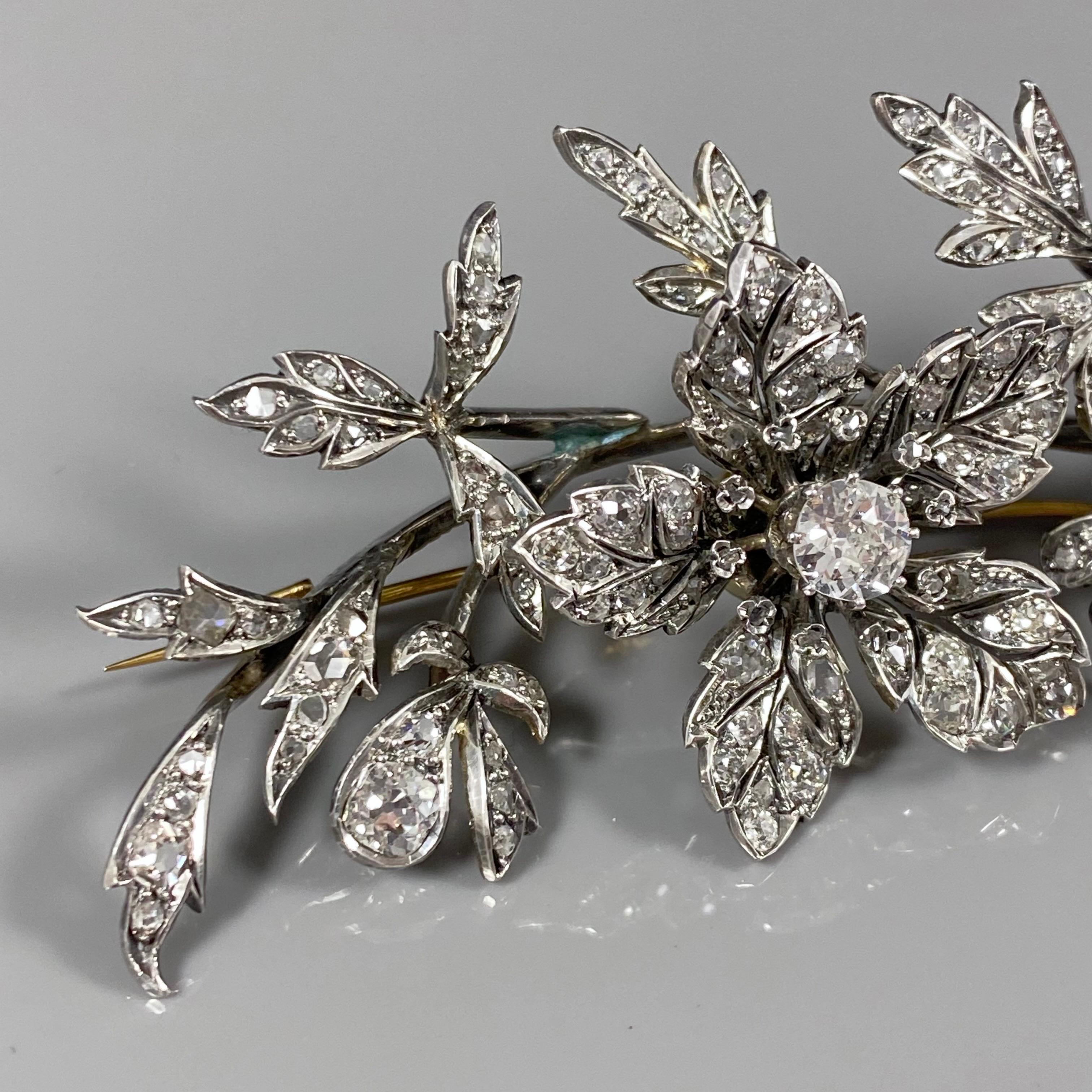 Old Mine Cut Antique Victorian Tremblant Diamond Floral Spray Brooch Silver Gold Portuguese