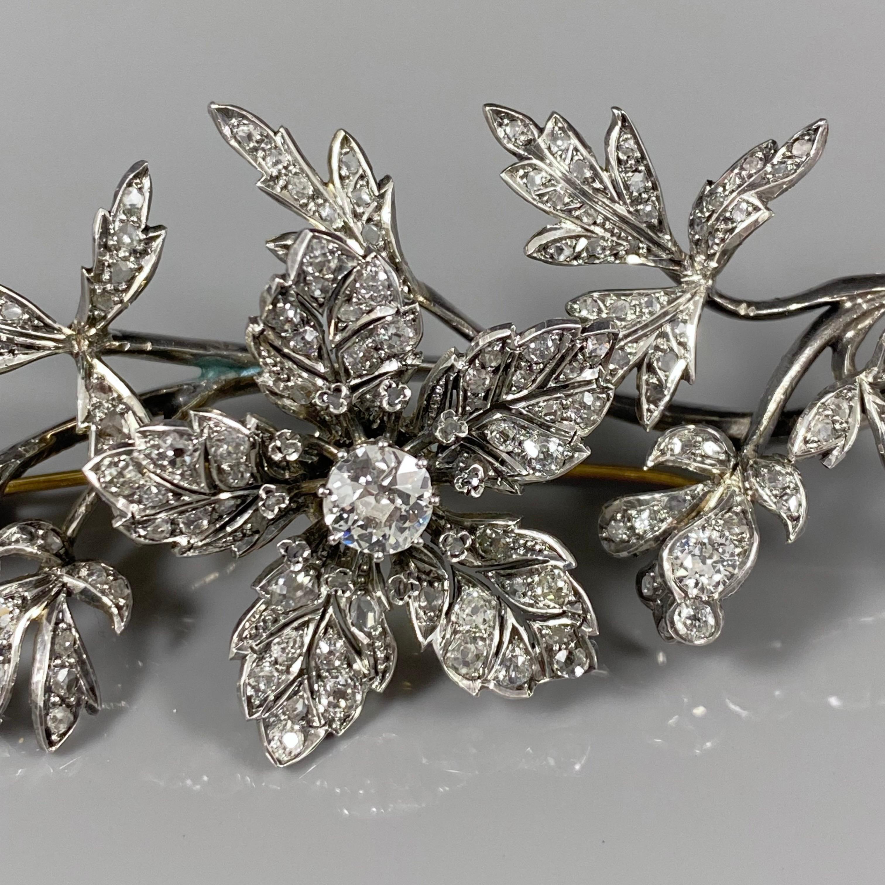 Antique Victorian Tremblant Diamond Floral Spray Brooch Silver Gold Portuguese In Good Condition In Lisbon, PT