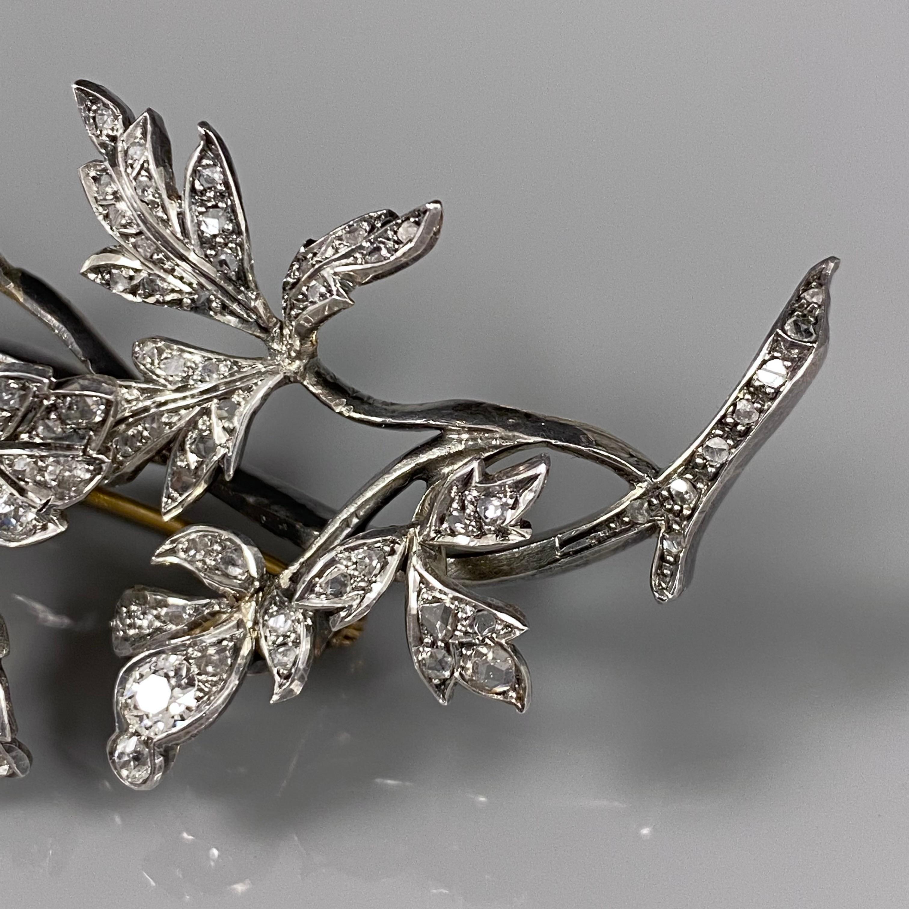 Women's or Men's Antique Victorian Tremblant Diamond Floral Spray Brooch Silver Gold Portuguese