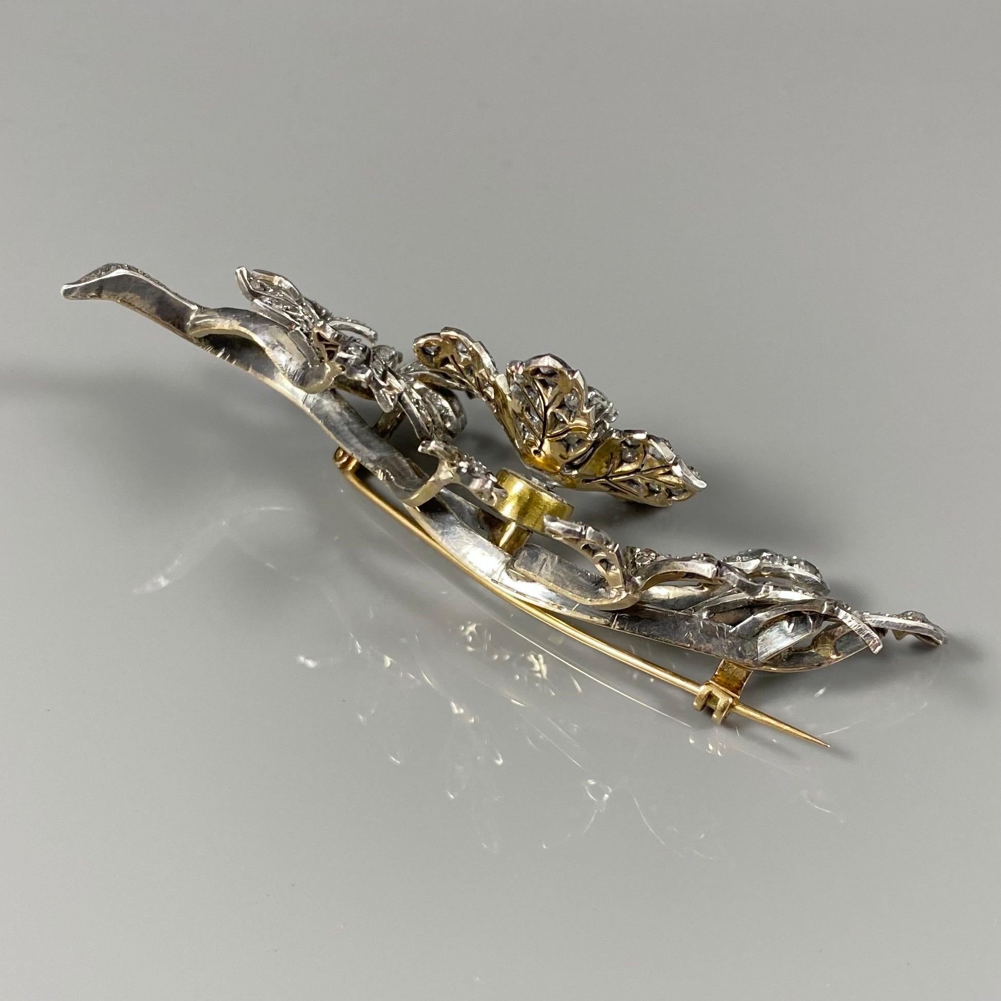Antique Victorian Tremblant Diamond Floral Spray Brooch Silver Gold Portuguese 1