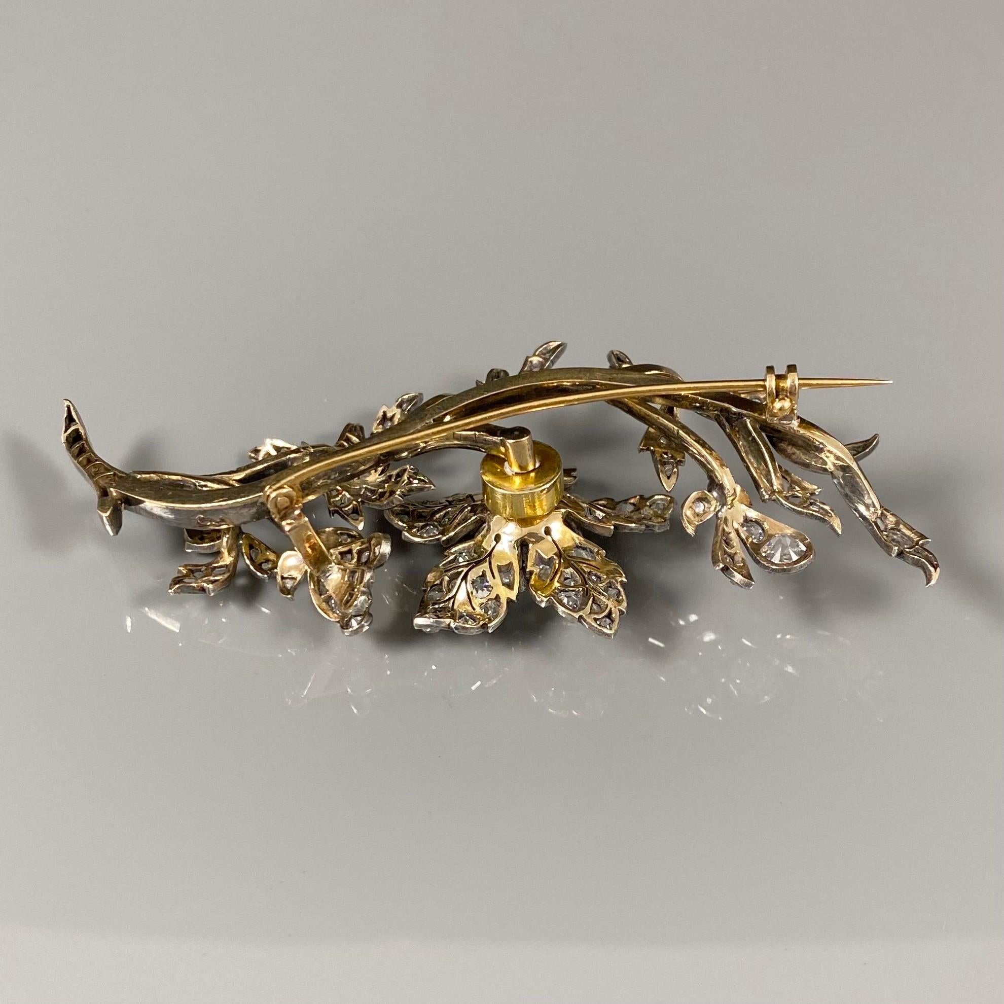 Antique Victorian Tremblant Diamond Floral Spray Brooch Silver Gold Portuguese 2