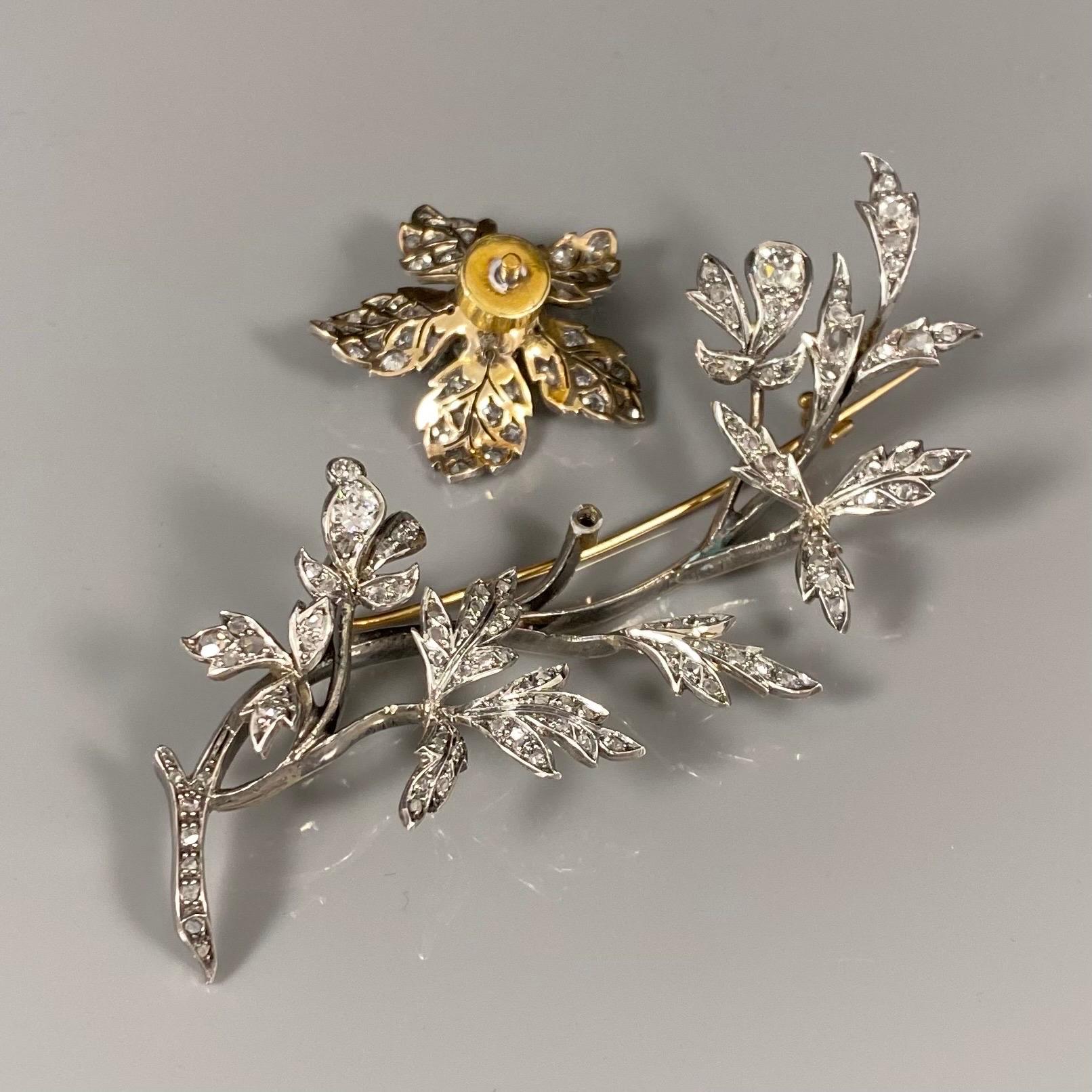 Antique Victorian Tremblant Diamond Floral Spray Brooch Silver Gold Portuguese 4