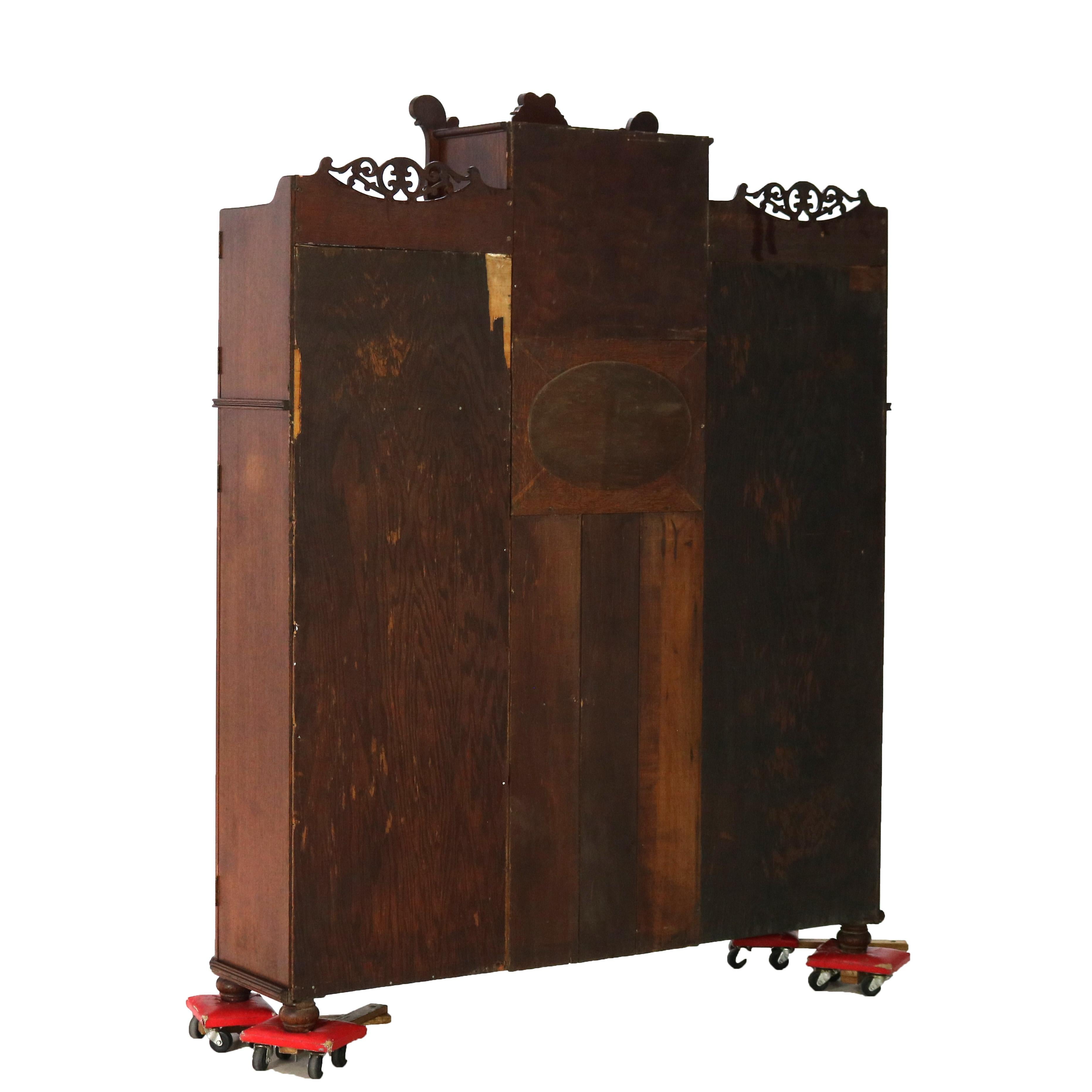 Antique Victorian Triple Side by Side Mirrored Oak Secretary China Cabinet C1920 6