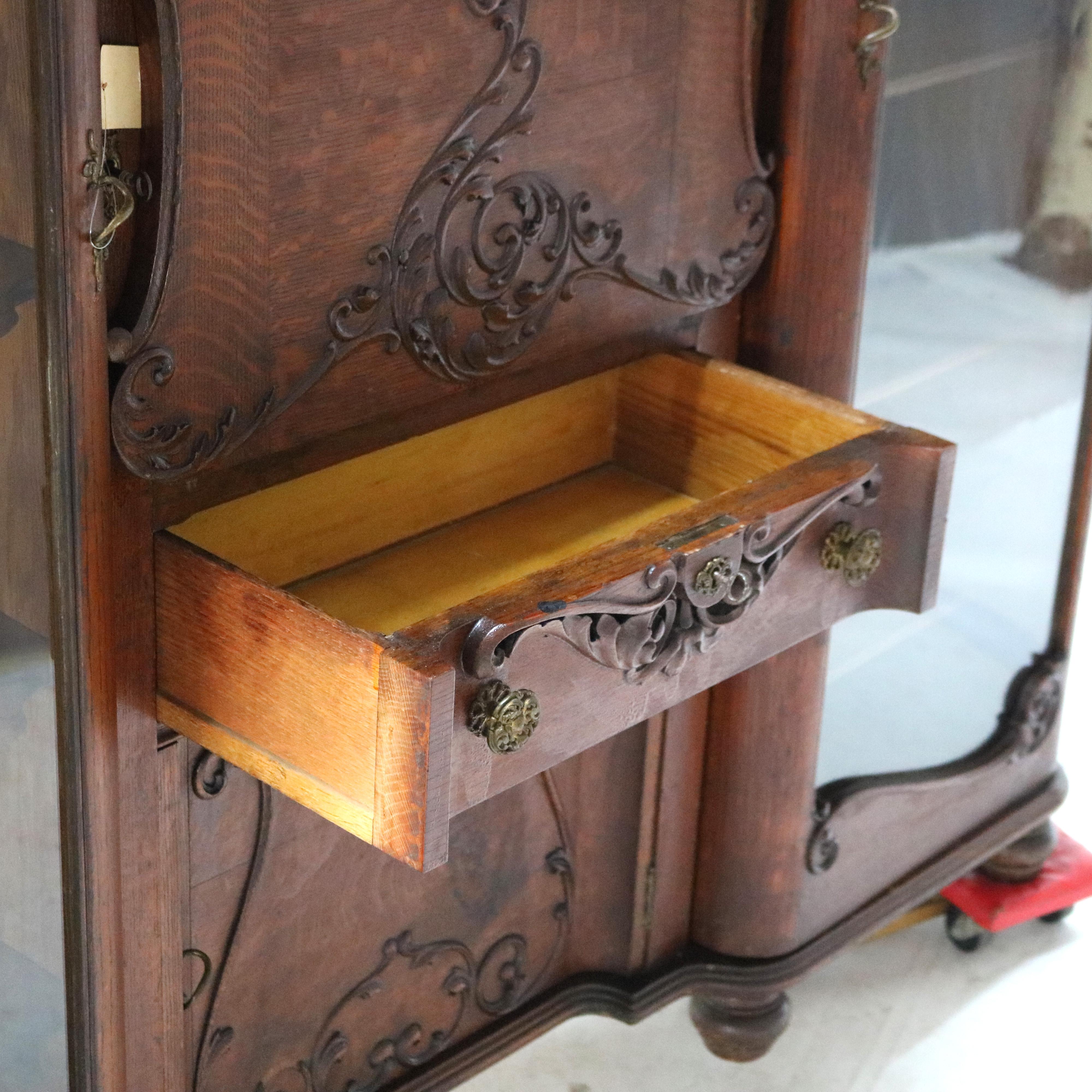 Antique Victorian Triple Side by Side Mirrored Oak Secretary China Cabinet C1920 8