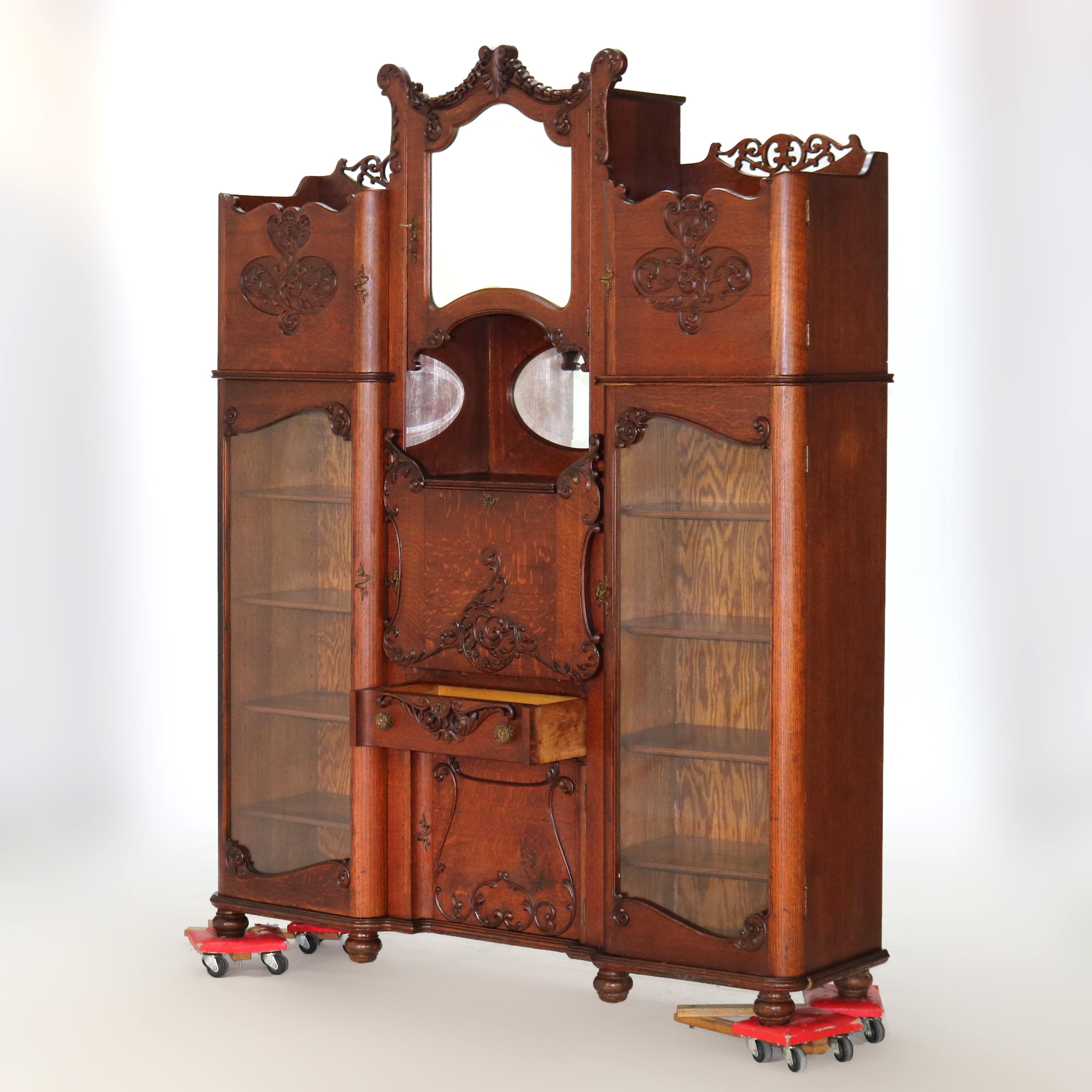 ***Reduced Delivery Rates - See Below or Click “Ask The Seller” to Request a Quote***

Antique Victorian Triple Side by Side Mirrored Oak Secretary China Cabinet with Scroll and Foliate Carved Elements C1920

Measures - 83