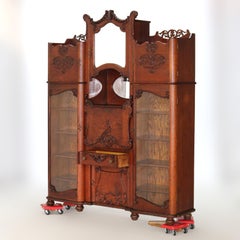 Antique Victorian Triple Side by Side Mirrored Oak Secretary China Cabinet C1920