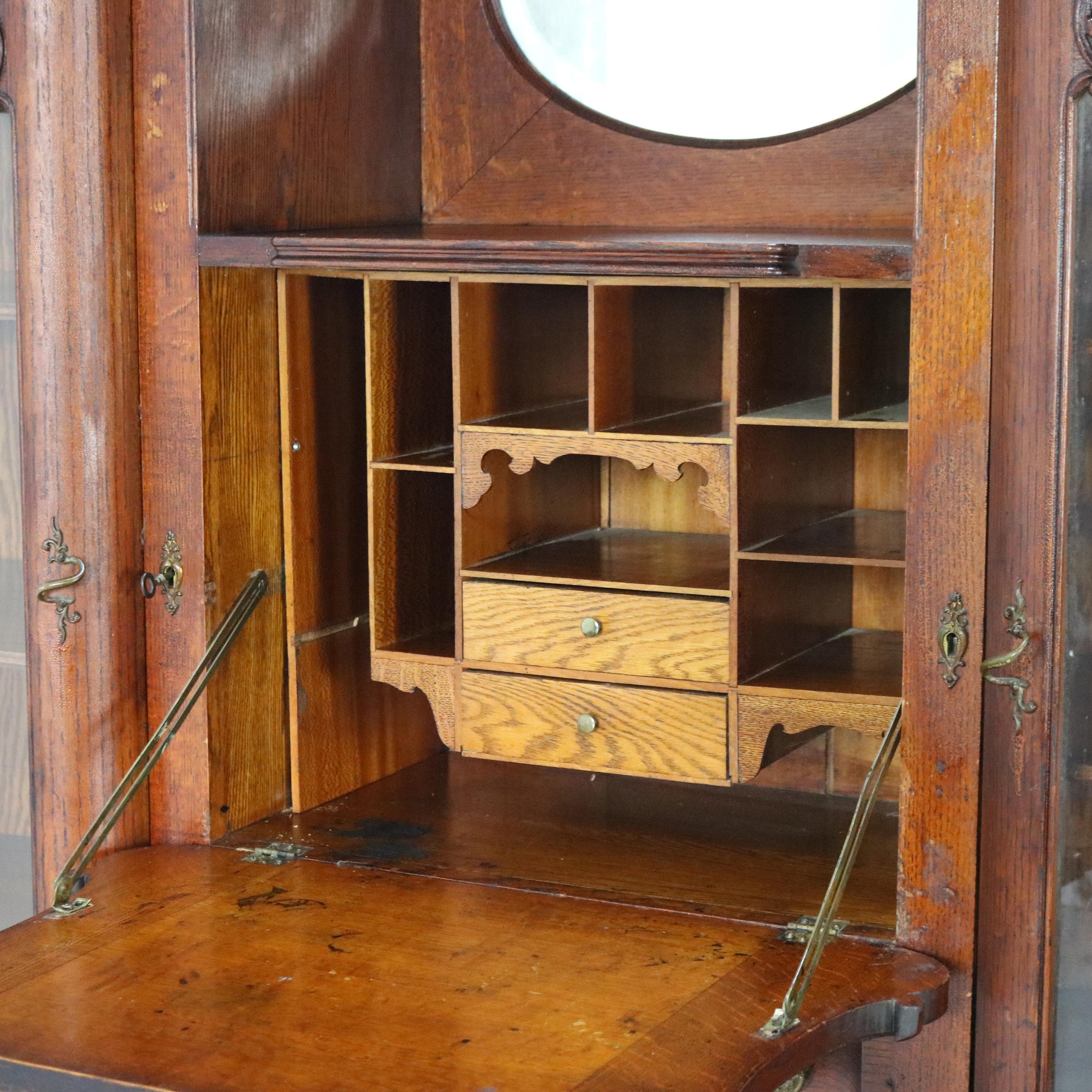 Antique Victorian Triple Side by Side Mirrored Oak Secretary China Cabinet C1920 In Good Condition In Big Flats, NY