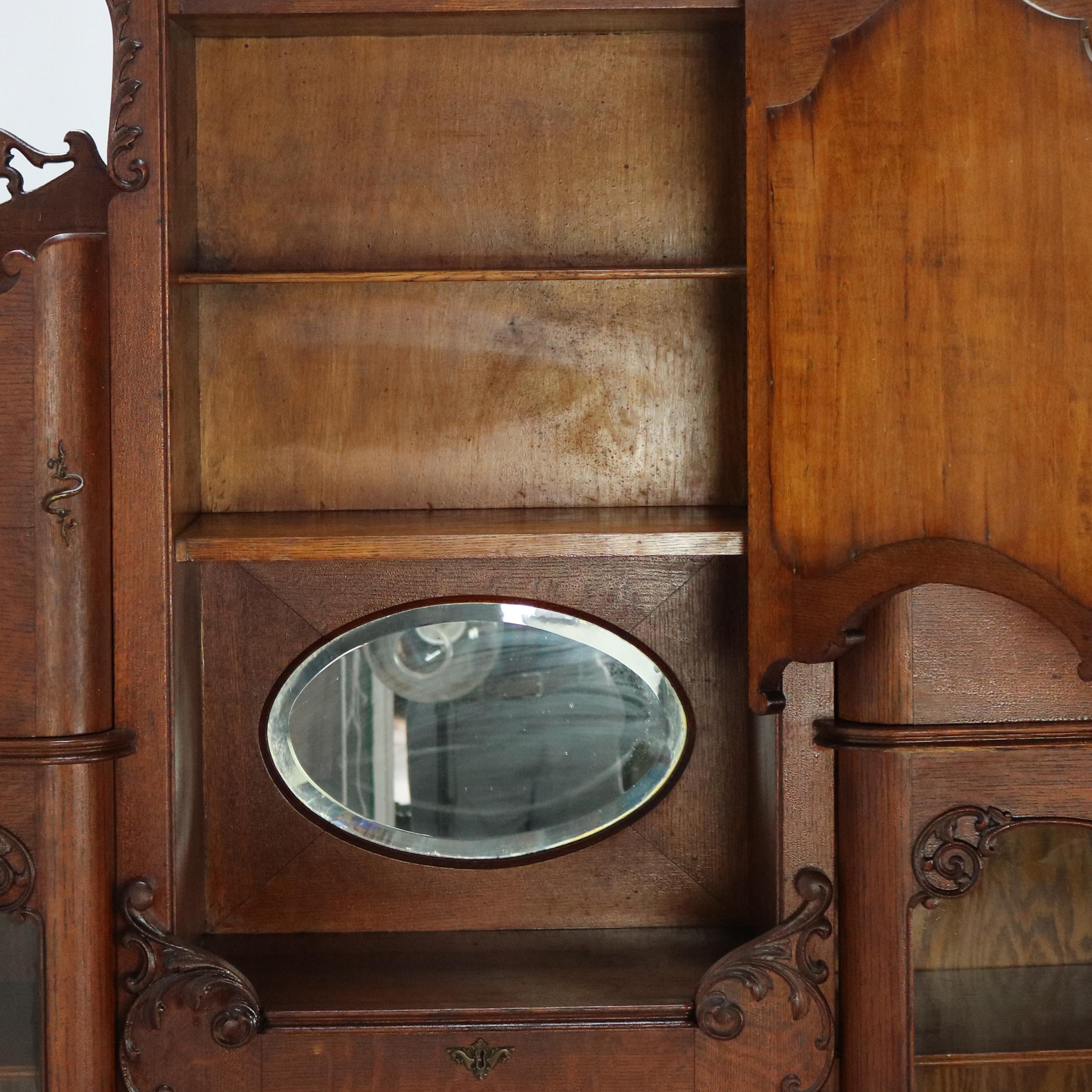 Antique Victorian Triple Side by Side Mirrored Oak Secretary China Cabinet C1920 2