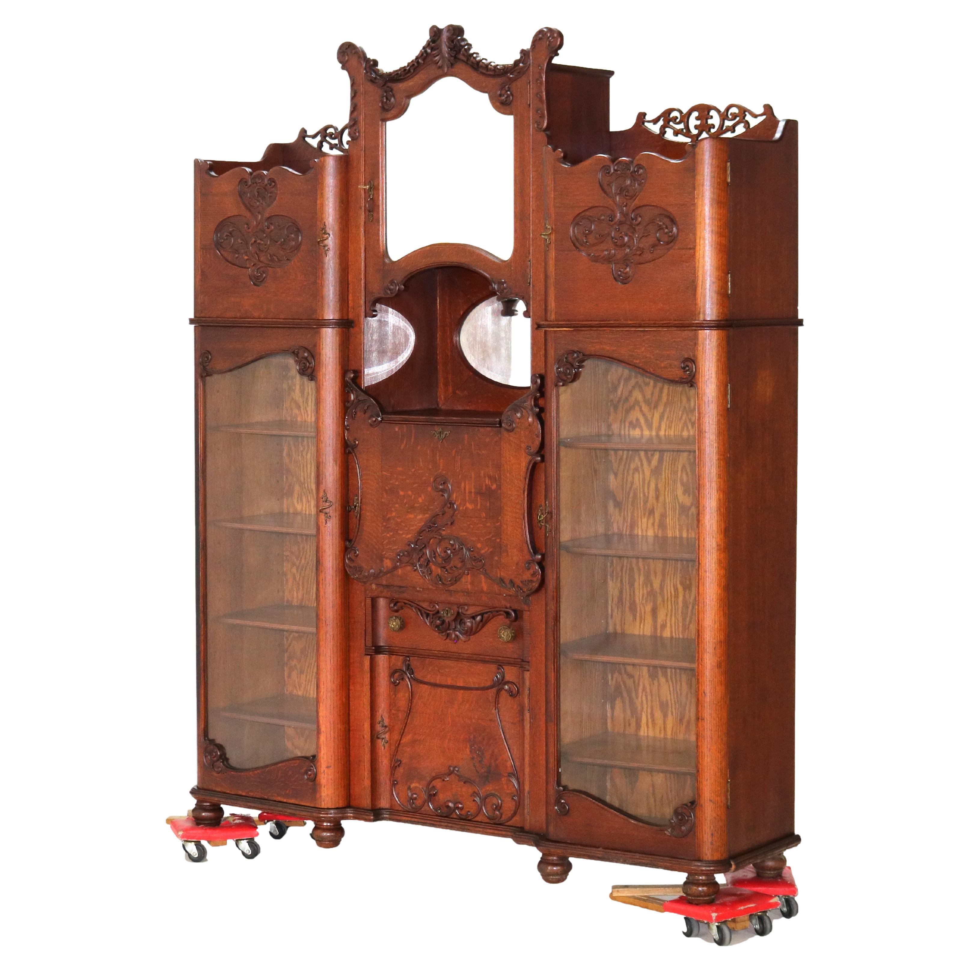 Antique Victorian Triple Side by Side Mirrored Oak Secretary China Cabinet C1920