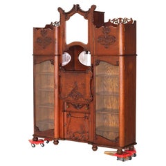 Antique Victorian Triple Side by Side Mirrored Oak Secretary China Cabinet C1920