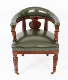 Antique Victorian Tub Desk Armchair Green Leather Upholstered, 19th Century