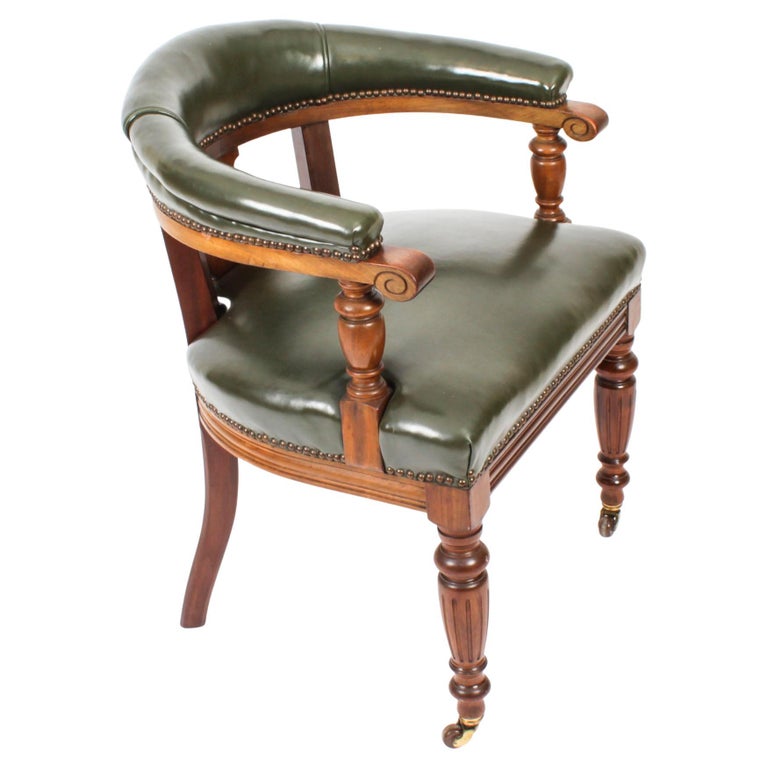 Antique Victorian Tub Desk Armchair Green Leather Upholstered, 19th