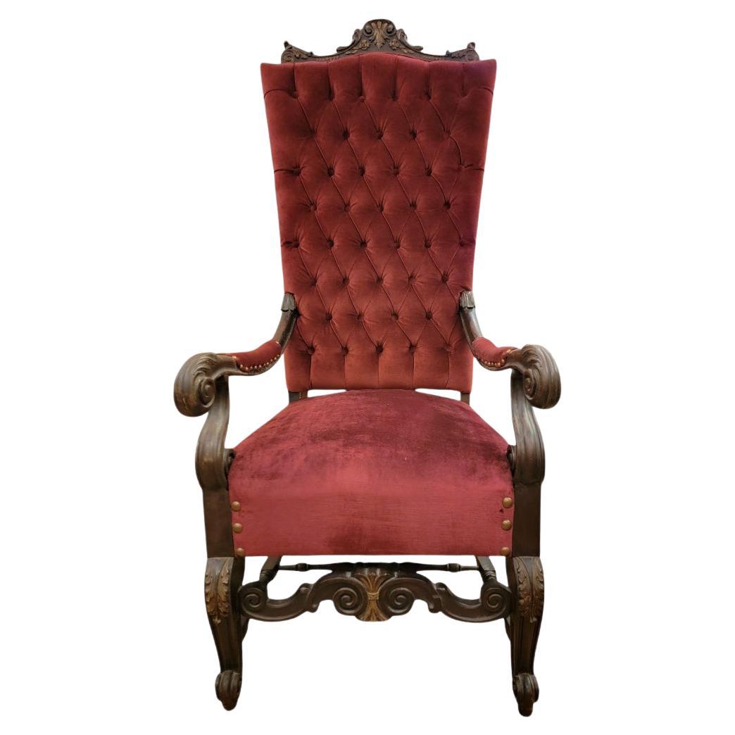 Ancienne chaise de trône victorienne à dossier touffeté nouvellement retapissée en velours en vente