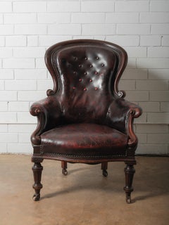 Antique Victorian Tufted Leather Armchair on Casters