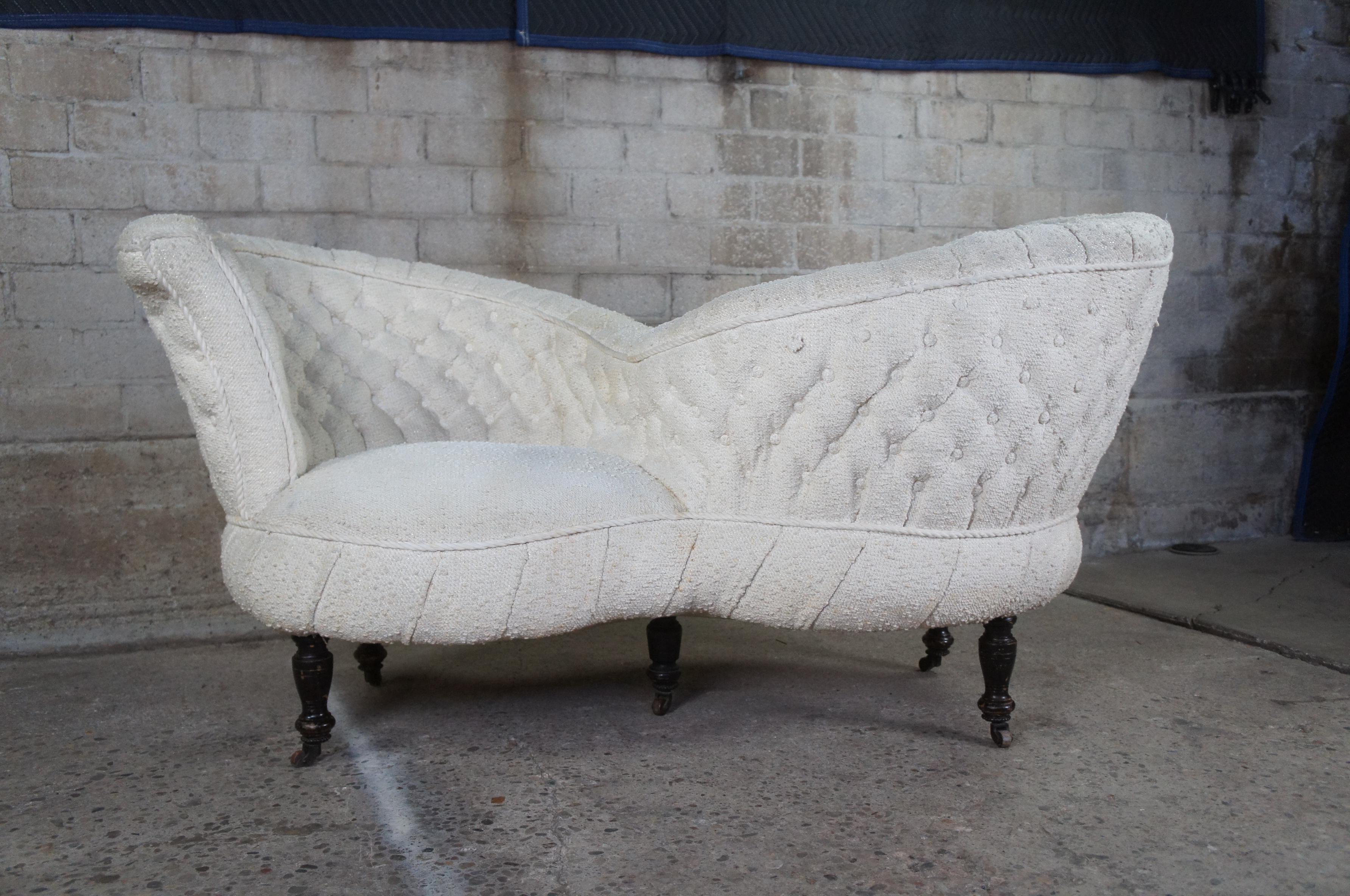 Antique Victorian Tufted Tete a Tete Parlor Conversation Bench Arm Chair In Good Condition For Sale In Dayton, OH