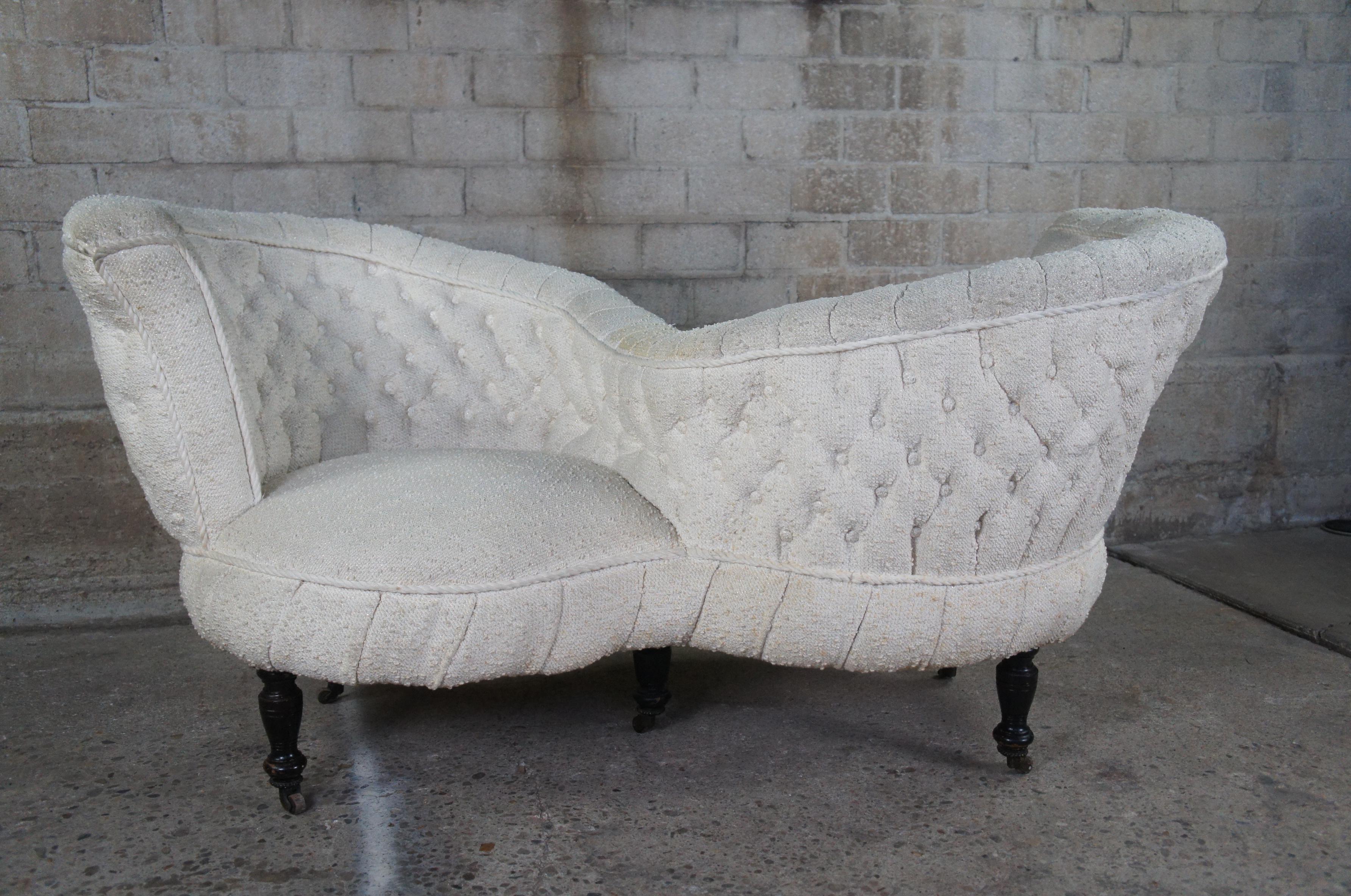 19th Century Antique Victorian Tufted Tete a Tete Parlor Conversation Bench Arm Chair For Sale