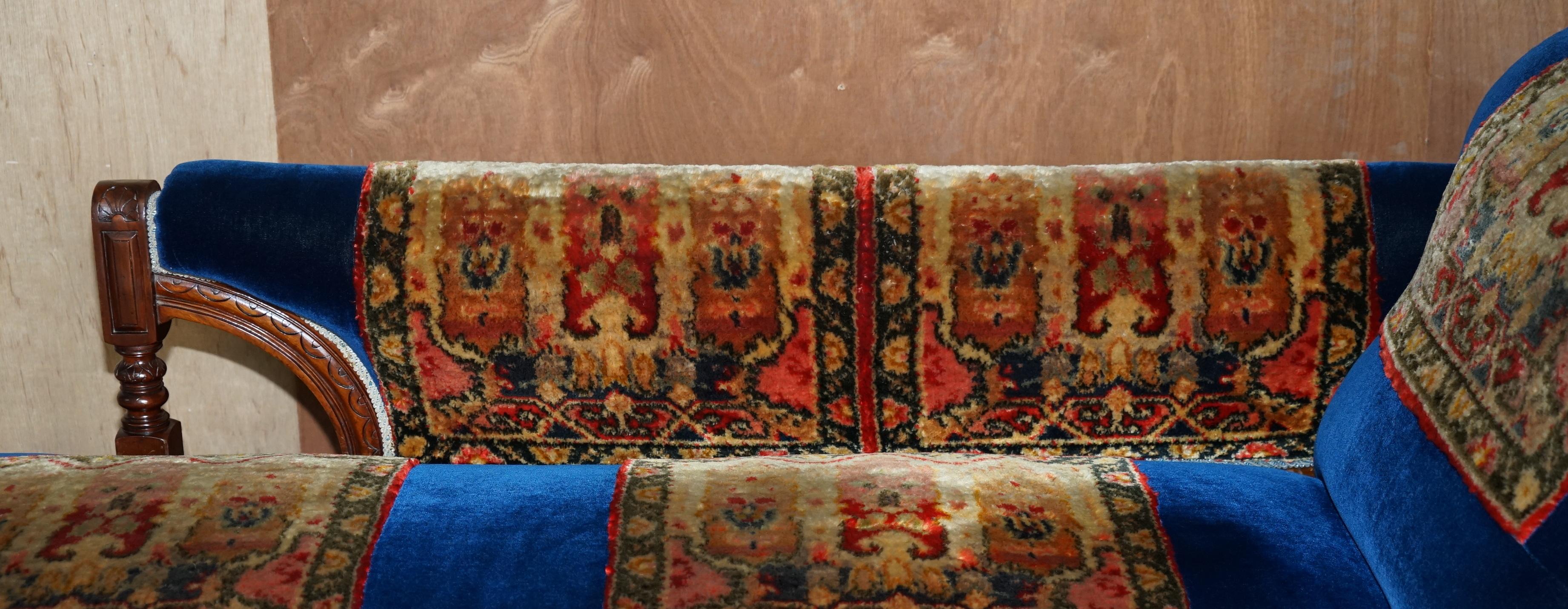 Antique Victorian Turkey Work Carpet Kilim Rug Napoleonic Blue Chaise Lounge 2