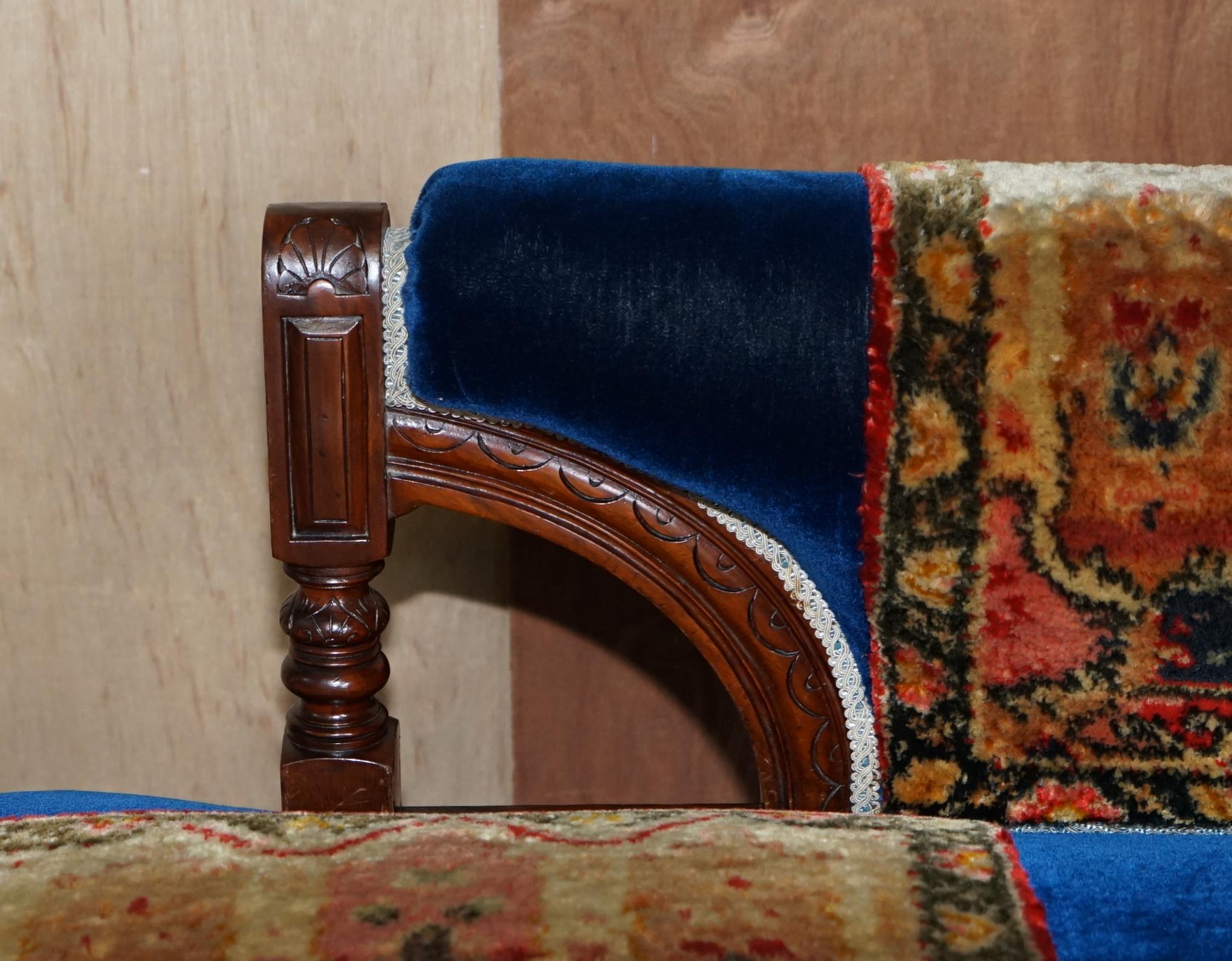 Antique Victorian Turkey Work Carpet Kilim Rug Napoleonic Blue Chaise Lounge 3