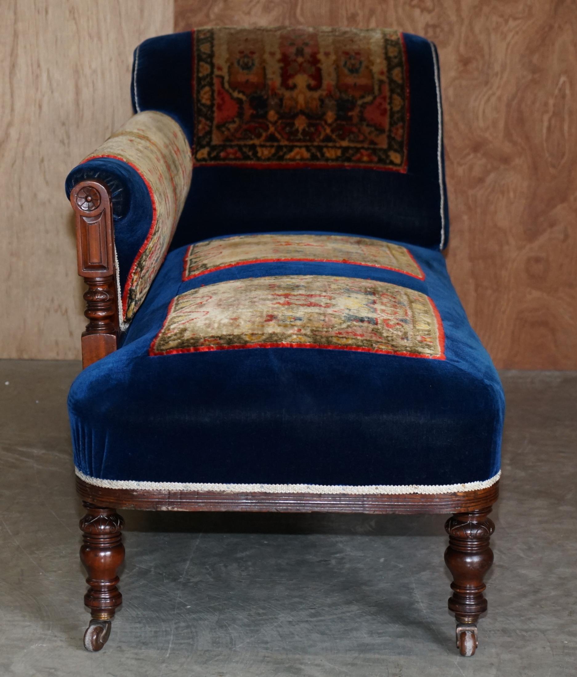 Antique Victorian Turkey Work Carpet Kilim Rug Napoleonic Blue Chaise Lounge 4